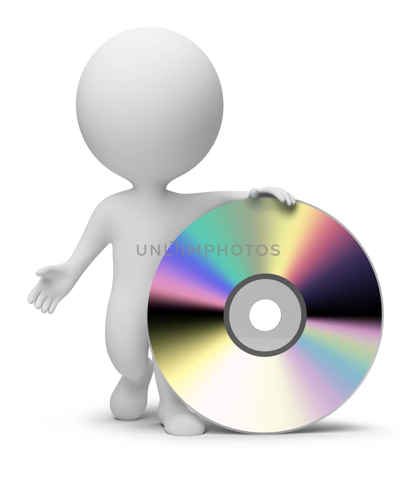 3d small people with a CD. 3d image. Isolated white background.