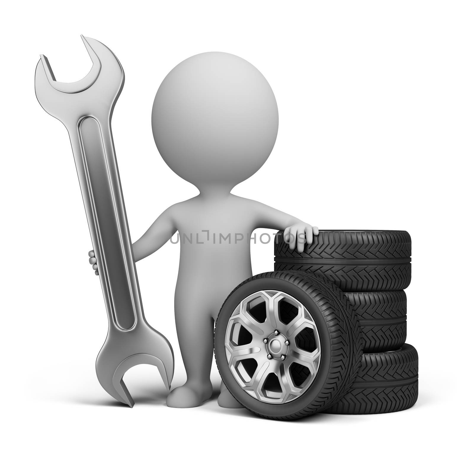 3d small person stands next to the wheels and holding a wrench. 3d image. Isolated white background.