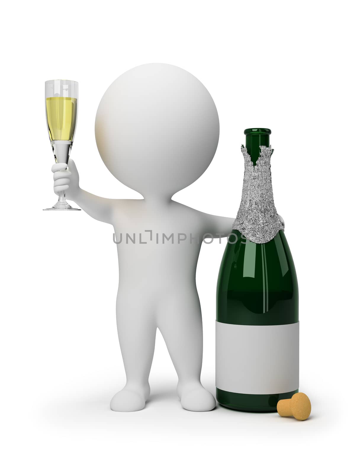 3d small people with a bottle of champagne and a wine glass. 3d image. Isolated white background.