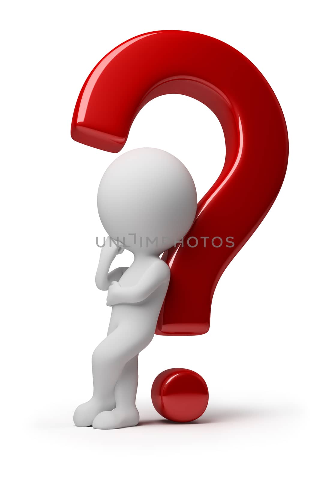 3d small thinking person leant against a red question. 3d image. Isolated white background.