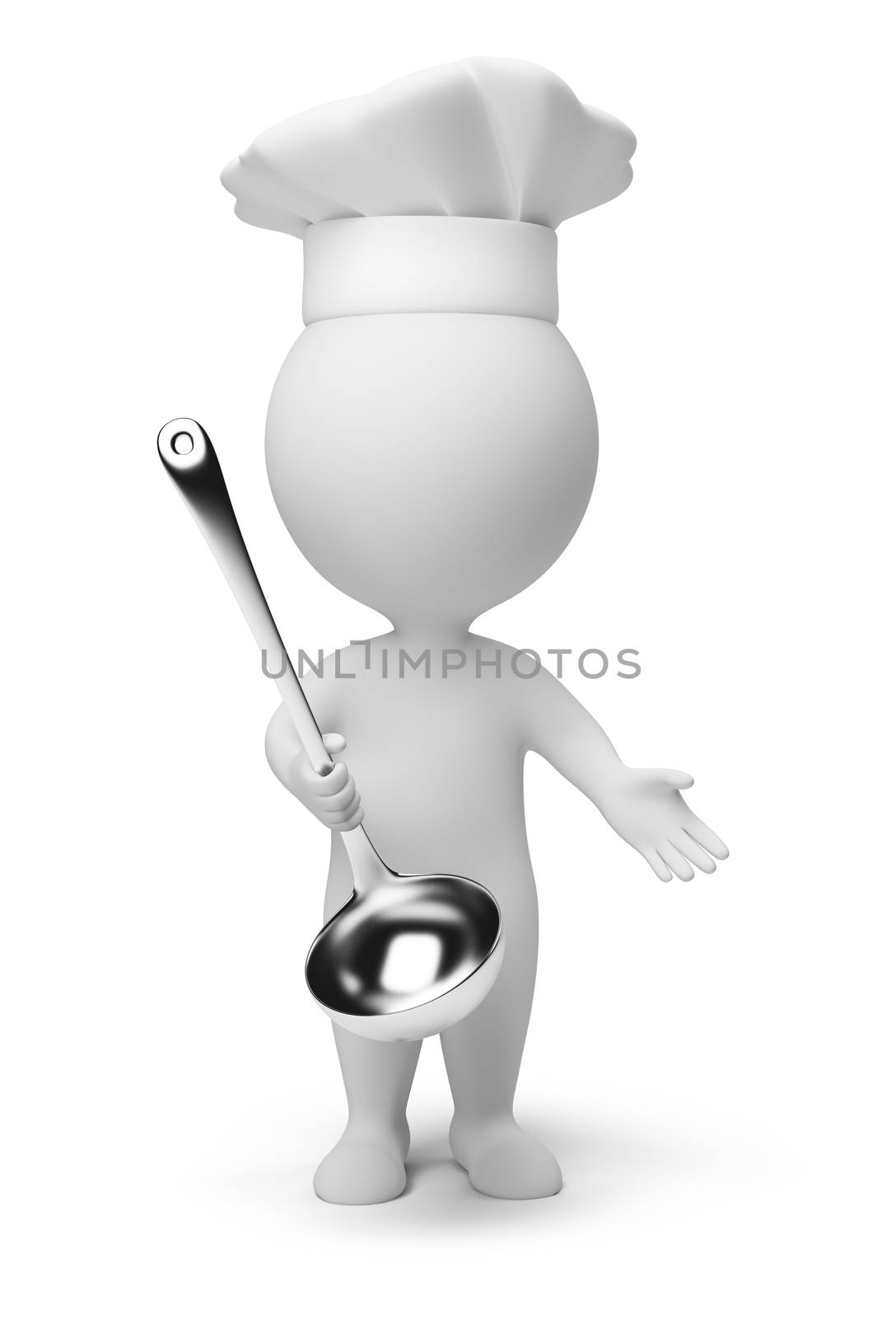 3d small people - cook with a ladle in hand. 3d image. Isolated white background.