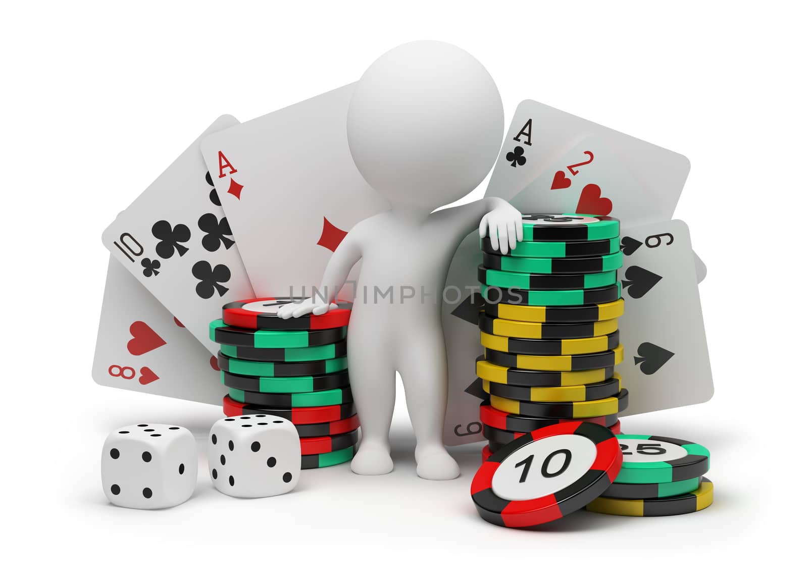 3d small people with counters for a roulette, playing cards and bones. 3d image. Isolated white background.