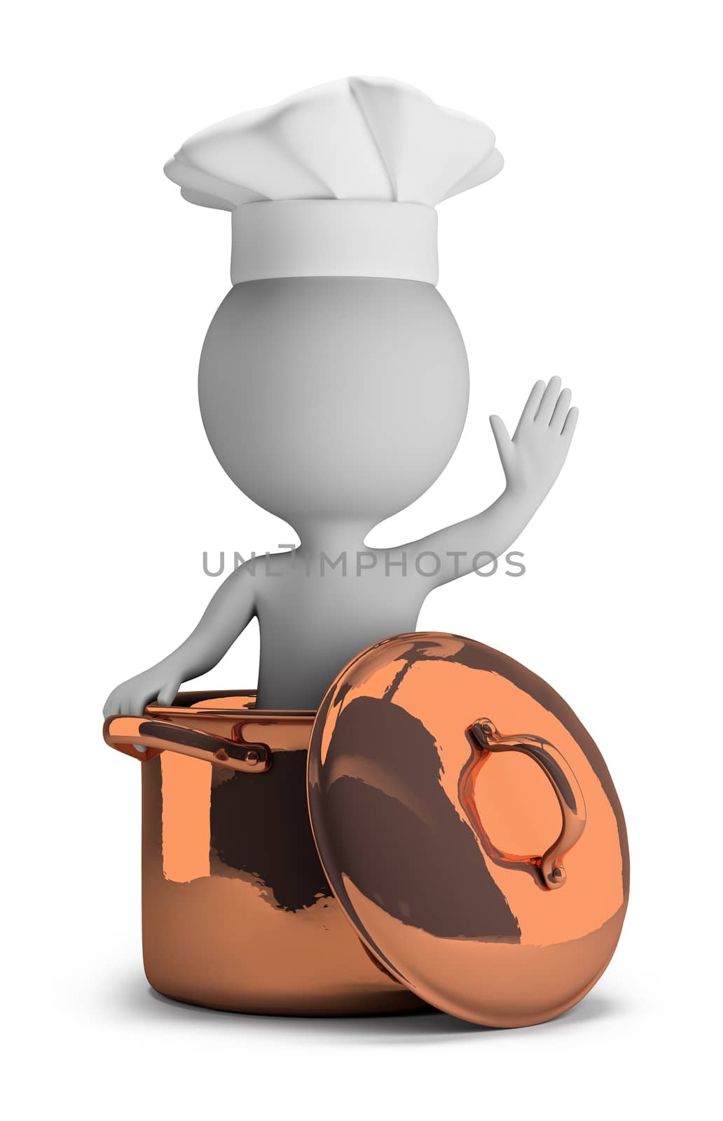 3d small person - cook in a copper pan in a welcome pose. 3d image. Isolated white background.