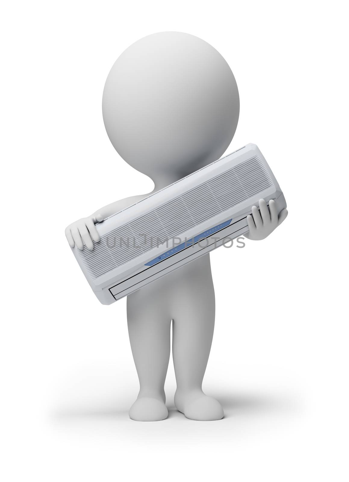 3d small person with the conditioner in hands. 3d image. Isolated white background.