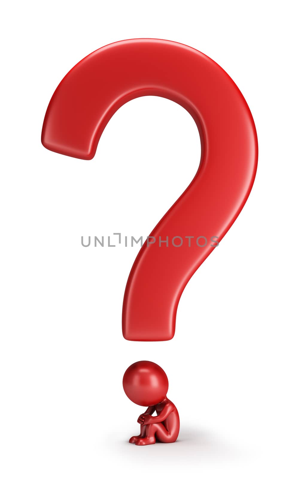 3d small person sitting under a question mark. 3d image. White background.