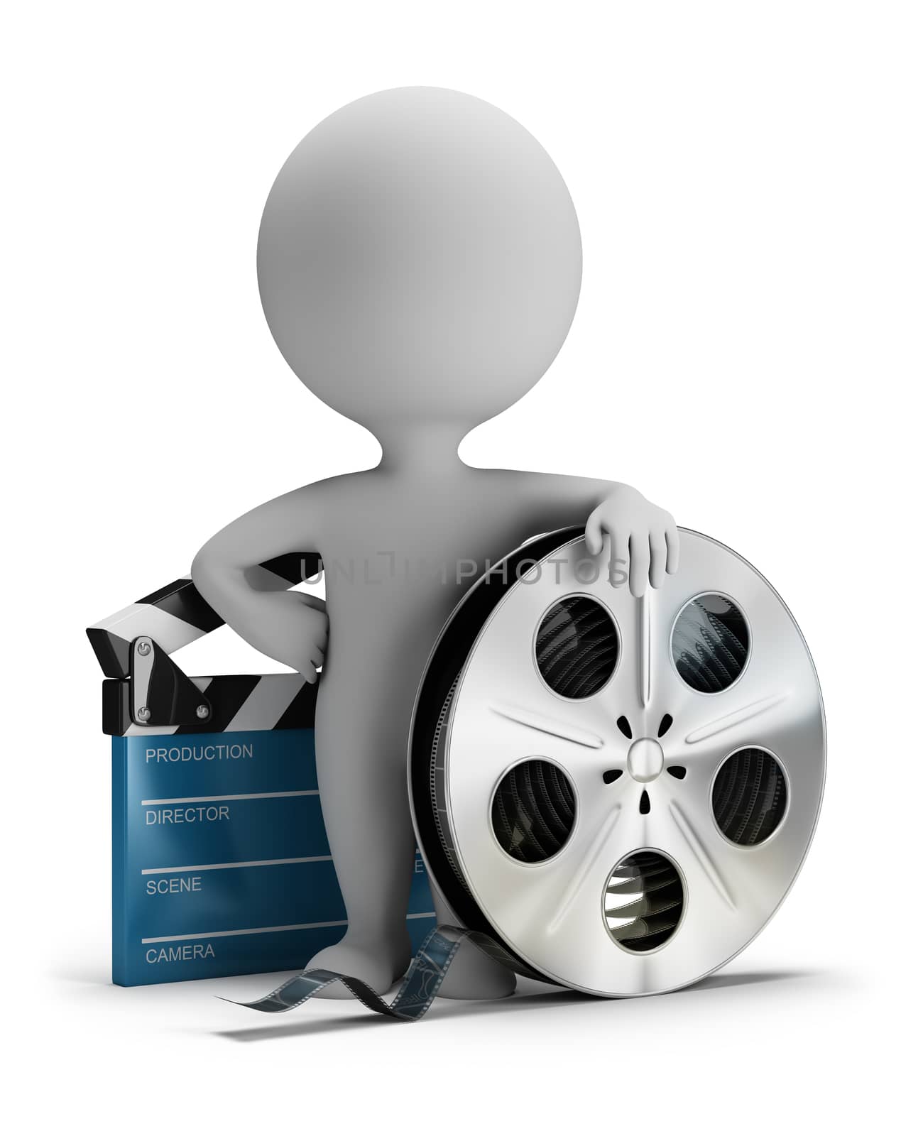 3d small person standing next to cinema clapper and film tape 3d image. White background.
