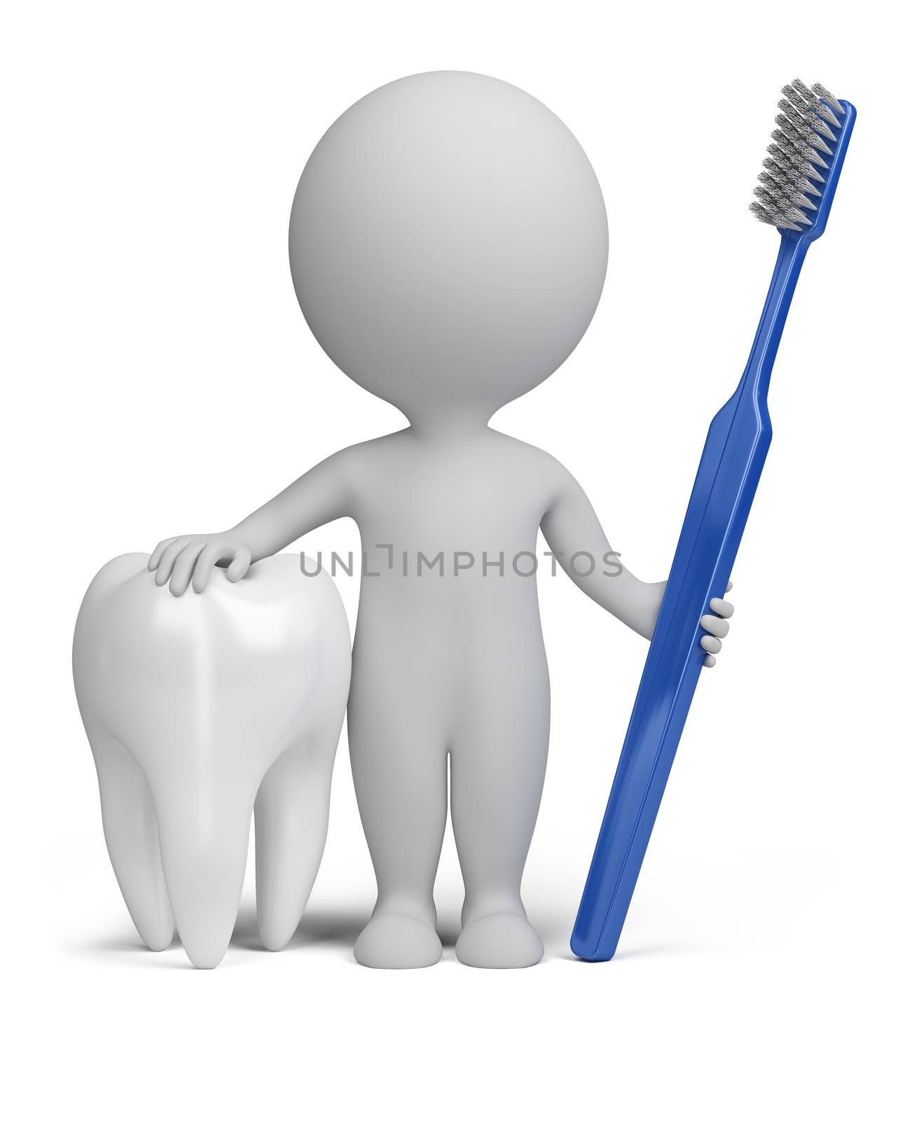 3d small person with a tooth and toothbrush. 3d image. Isolated white background.
