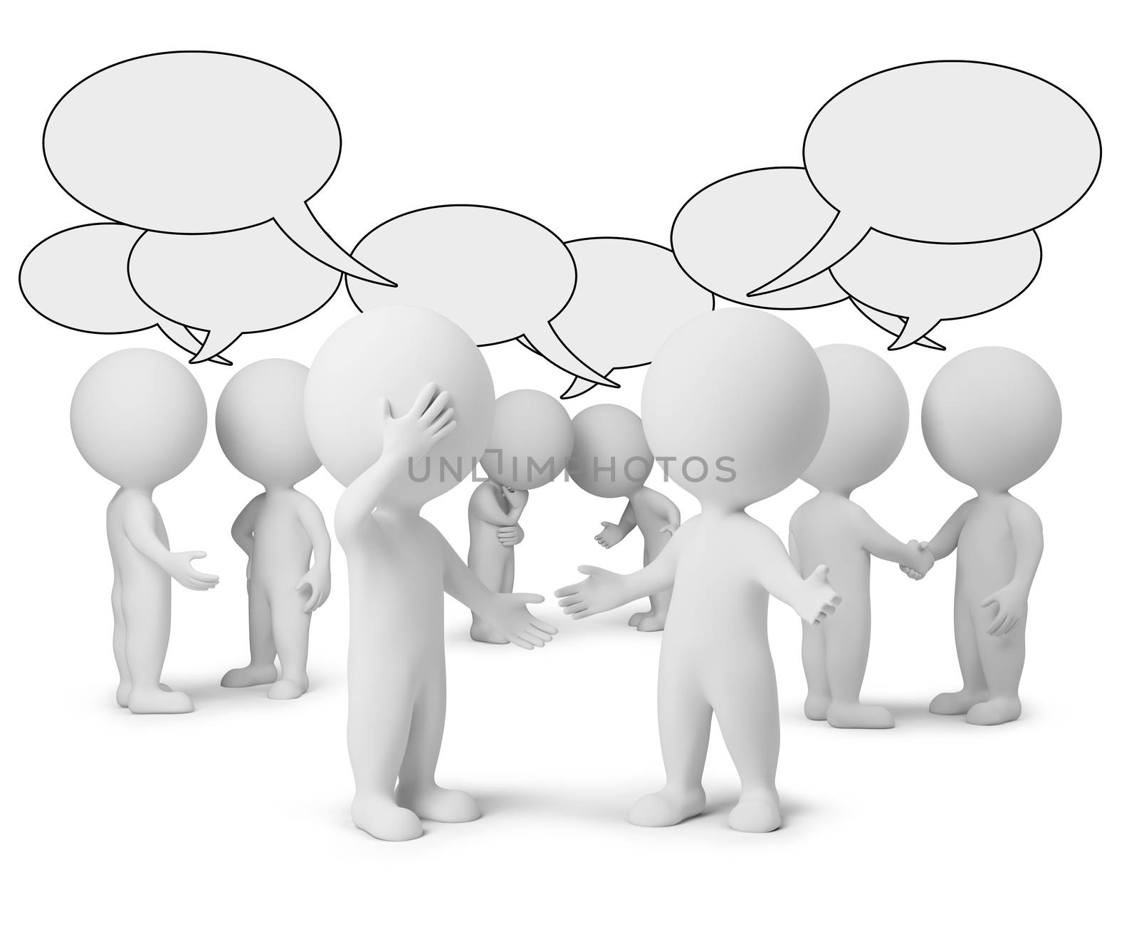 3d small people with empty chat bubbles. 3d image. Isolated white background.