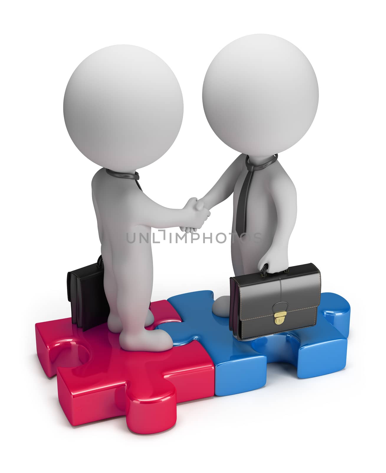 3d small business people standing on the puzzle and make a handshake. 3d image. Isolated white background.