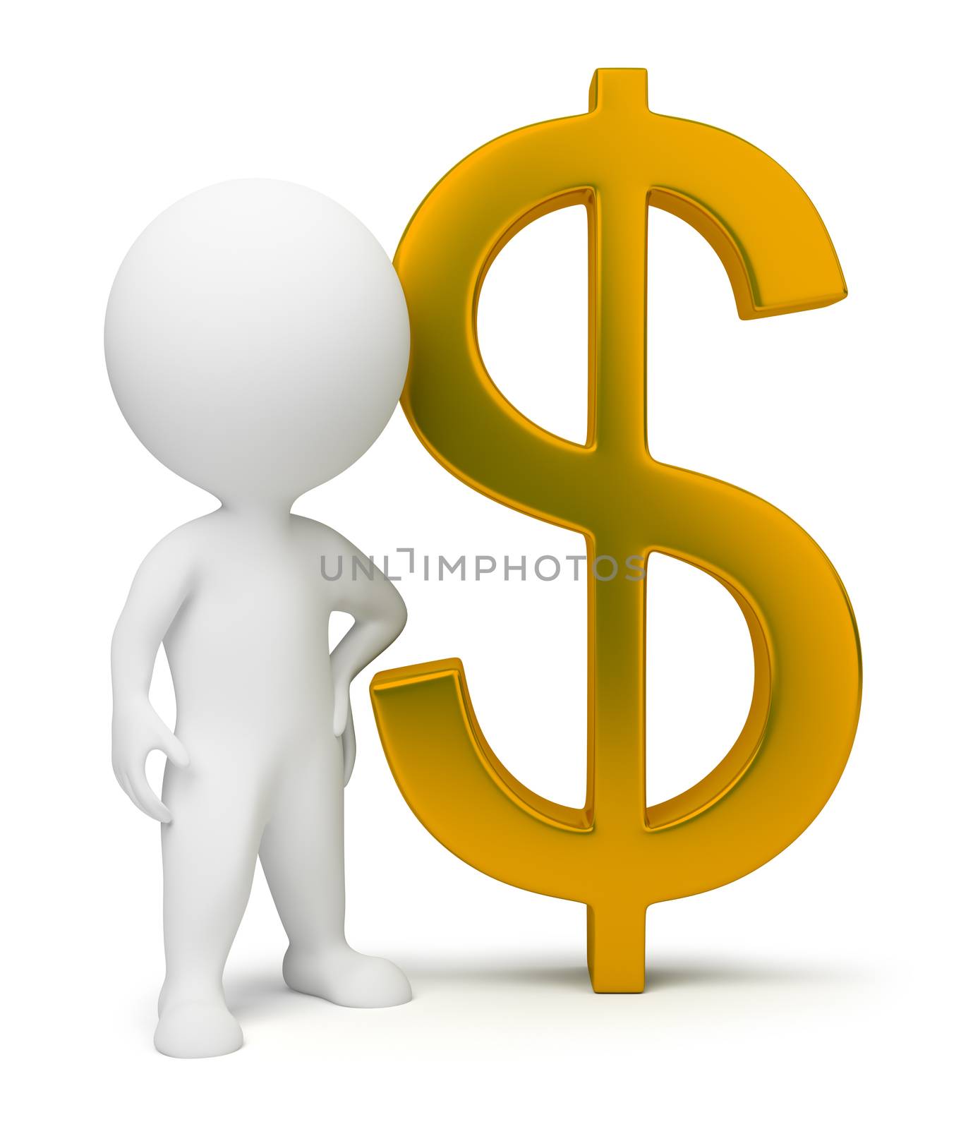 3d small people with a gold dollar sign. 3d image. Isolated white background.