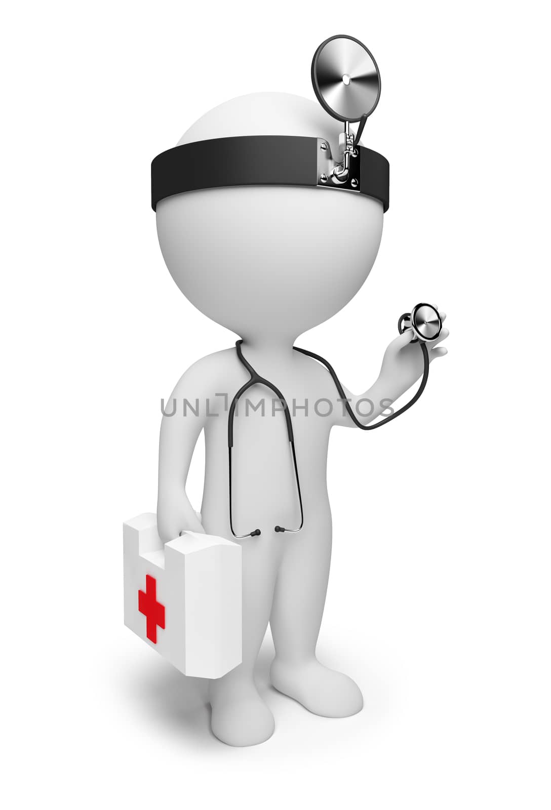 3d small people the doctor with a stethoscope and the first-aid set in hands. 3d image. Isolated white background.