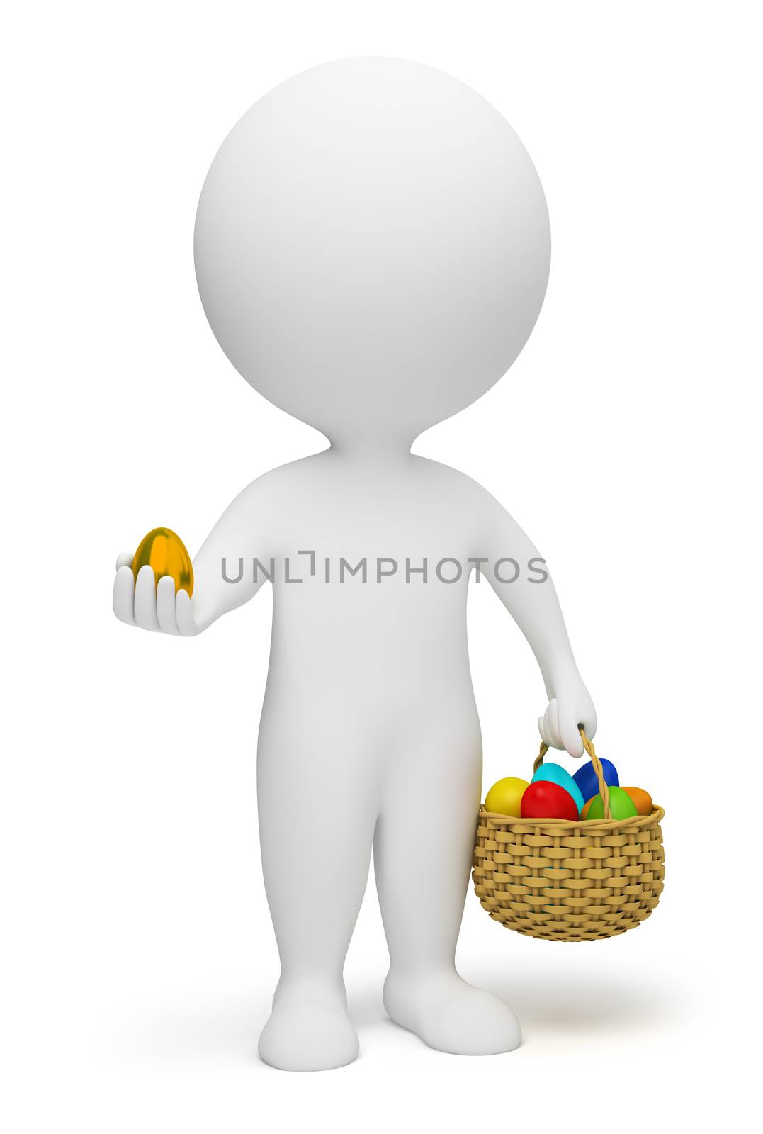 3d small people with a basket of Easter eggs. 3d image. Isolated white background.