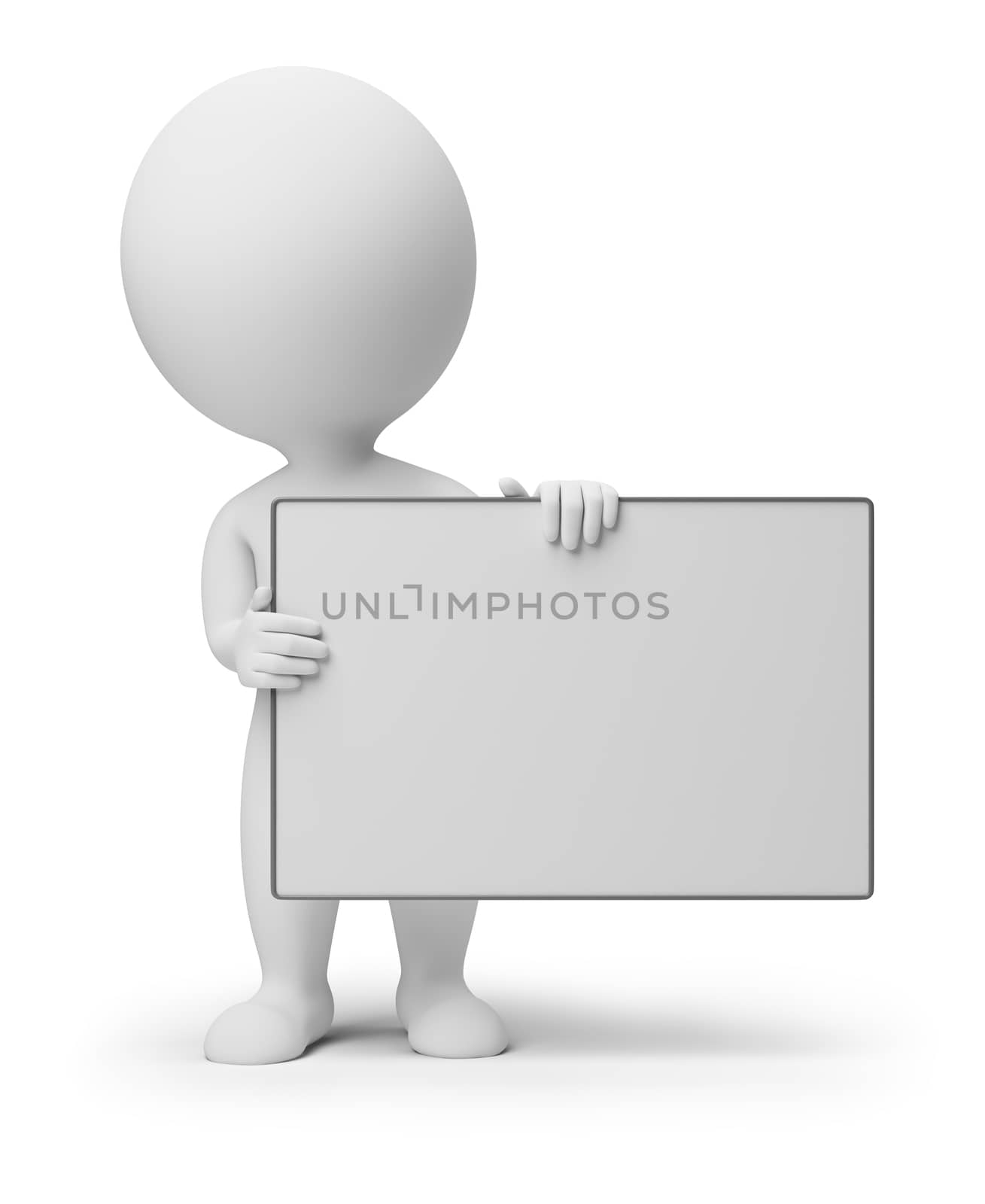 3d small people with an empty signboard in hands. 3d image. Isolated white background.