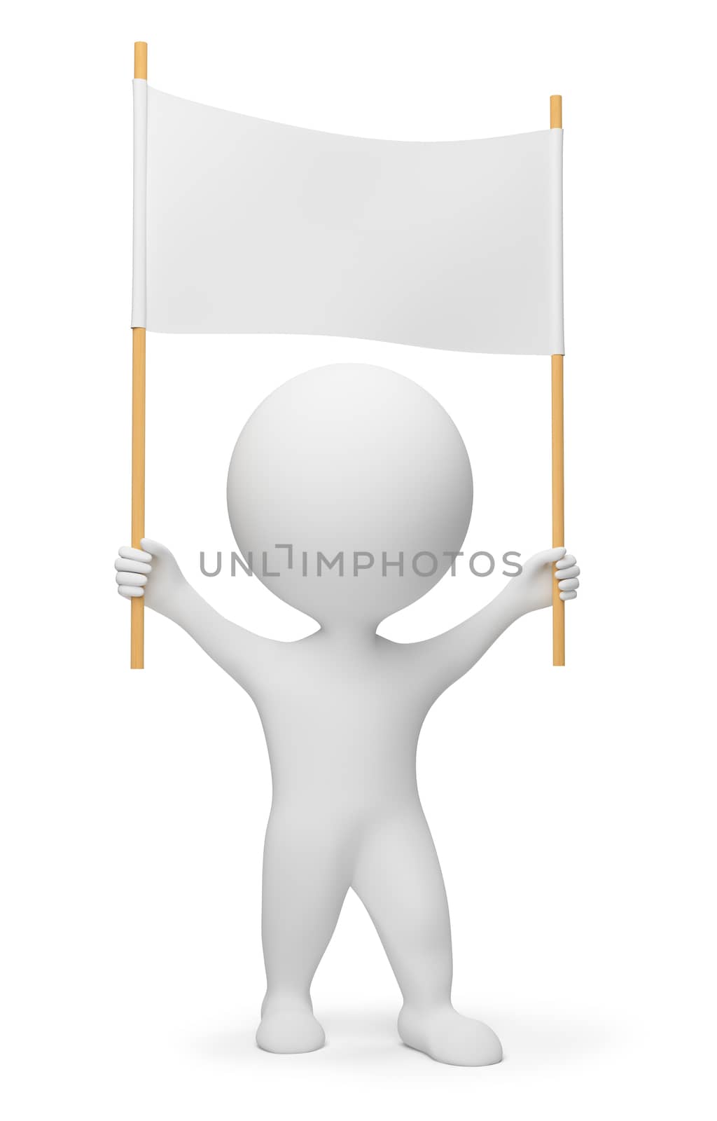 3d small people - demonstrator with a header in hands. 3d image. Isolated white background.