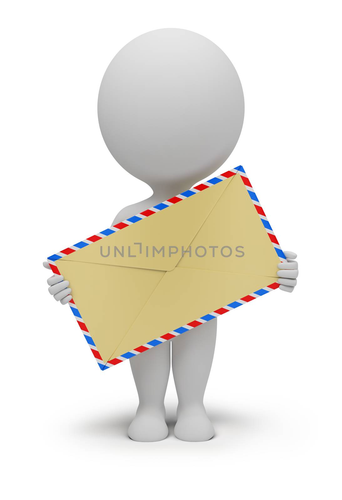 3d small people with an envelope in hands. 3d image. Isolated white background.
