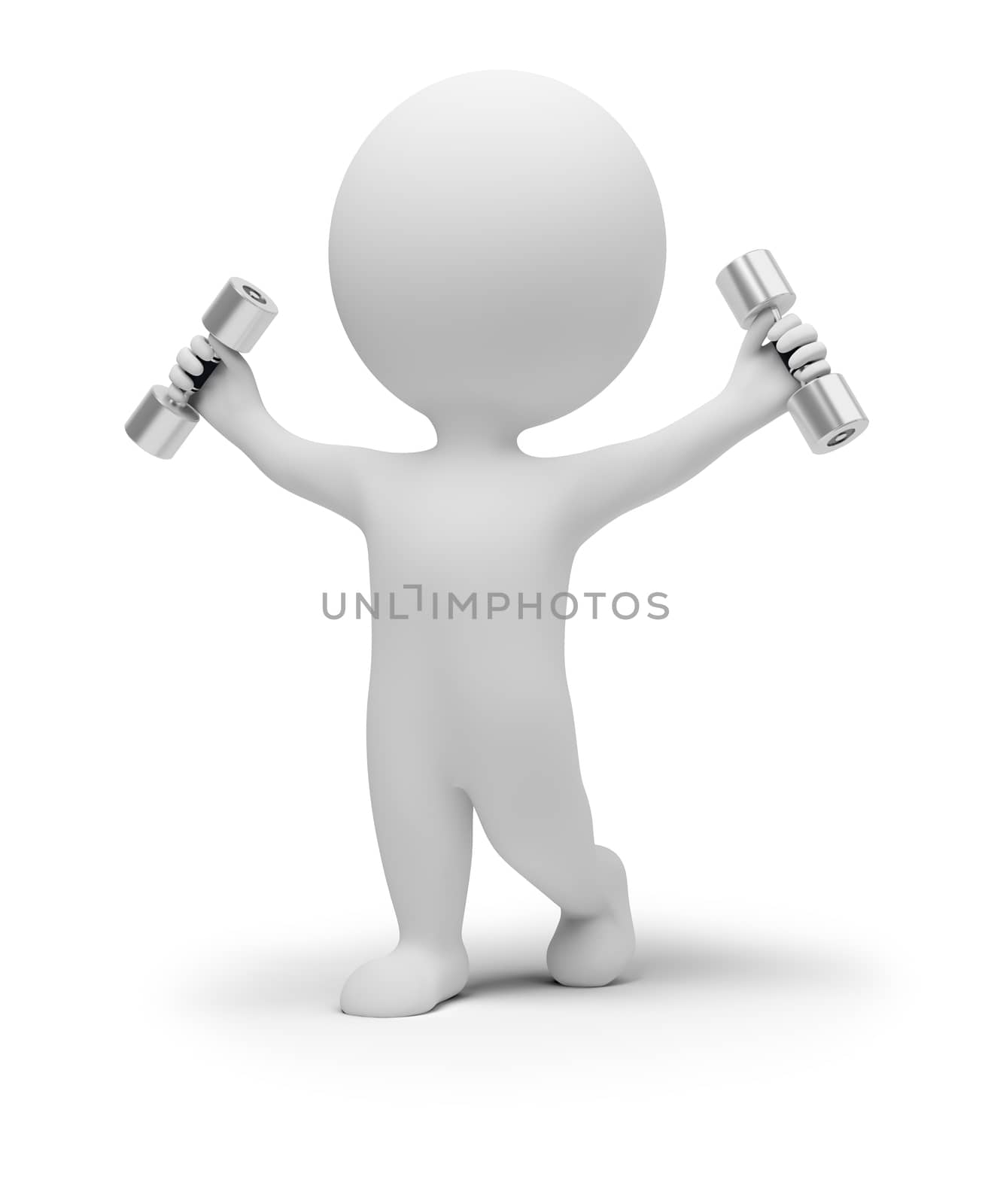 3d small people does gymnastics with dumbbells. 3d image. Isolated white background.