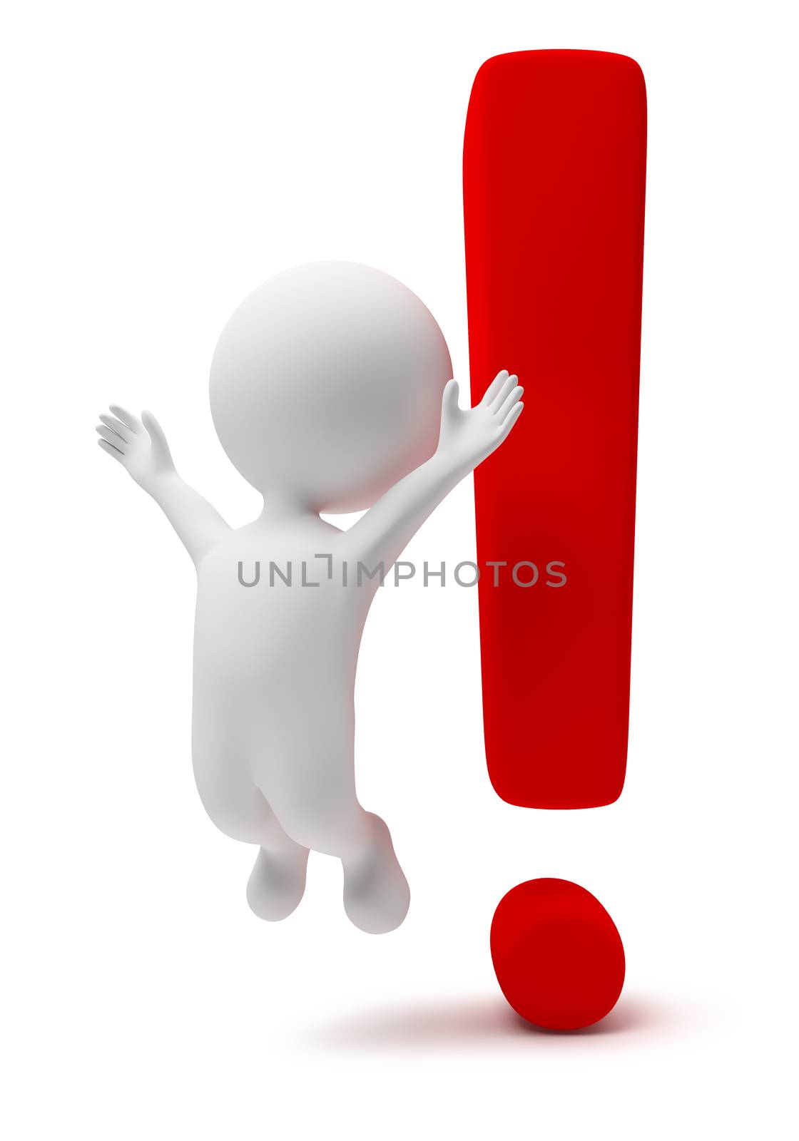 3d small people with a exclamation mark. 3d image. Isolated white background.