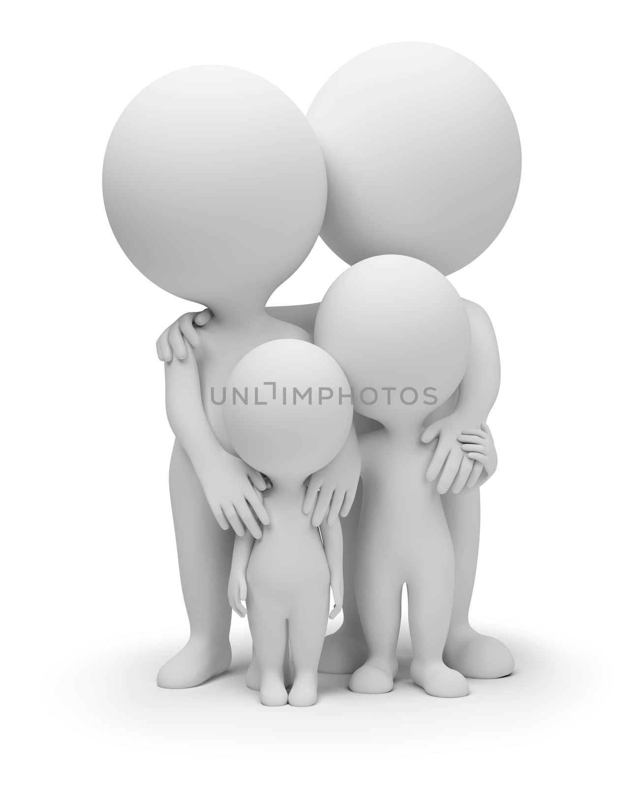 3d small people - parents with children. 3d image. Isolated white background.