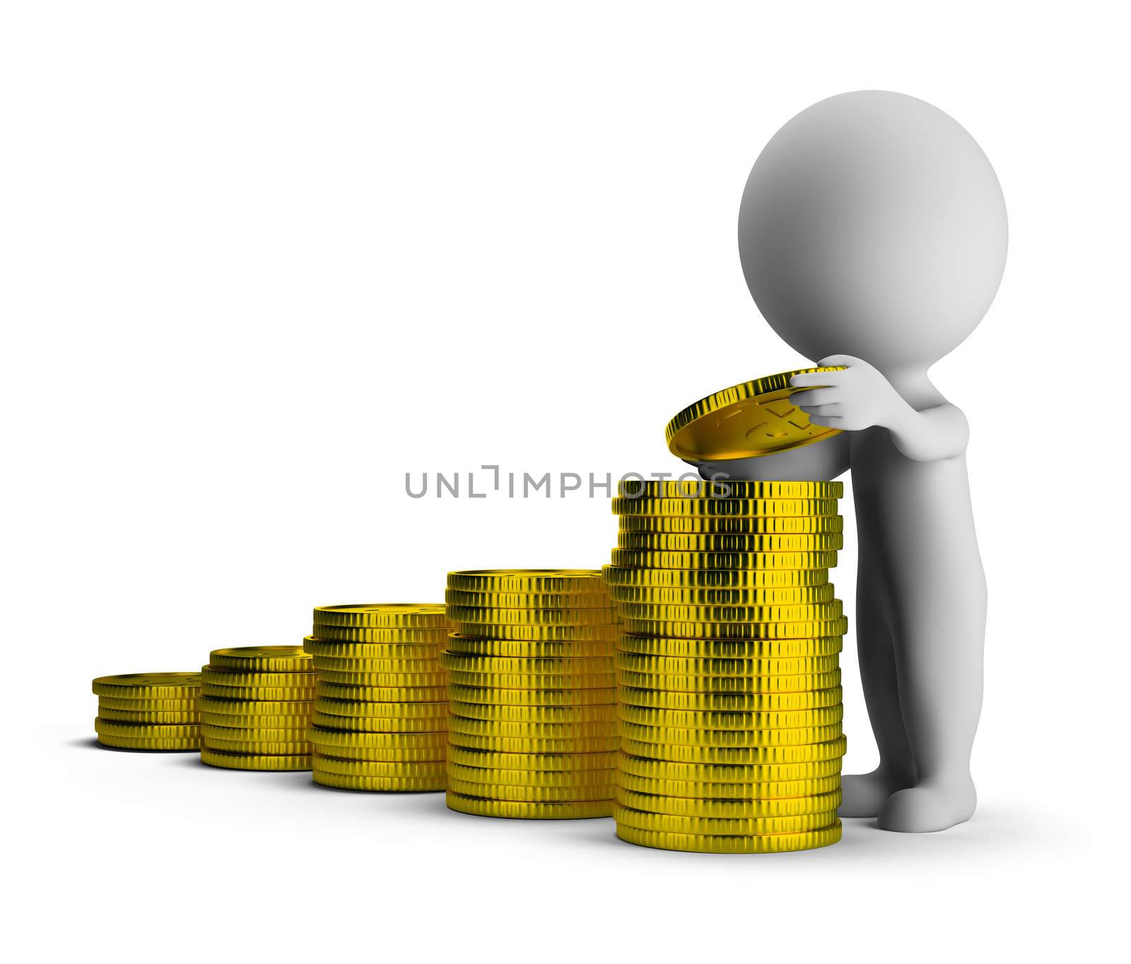 3d small person puts gold coins on each other. 3d image. Isolated white background.