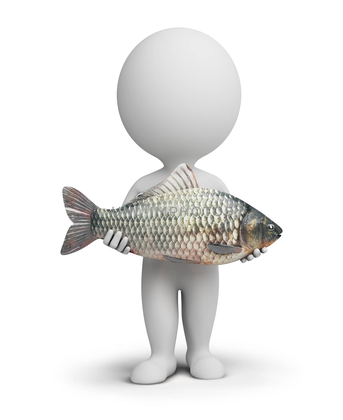 3d small people with fish in hands. 3d image. Isolated white background.