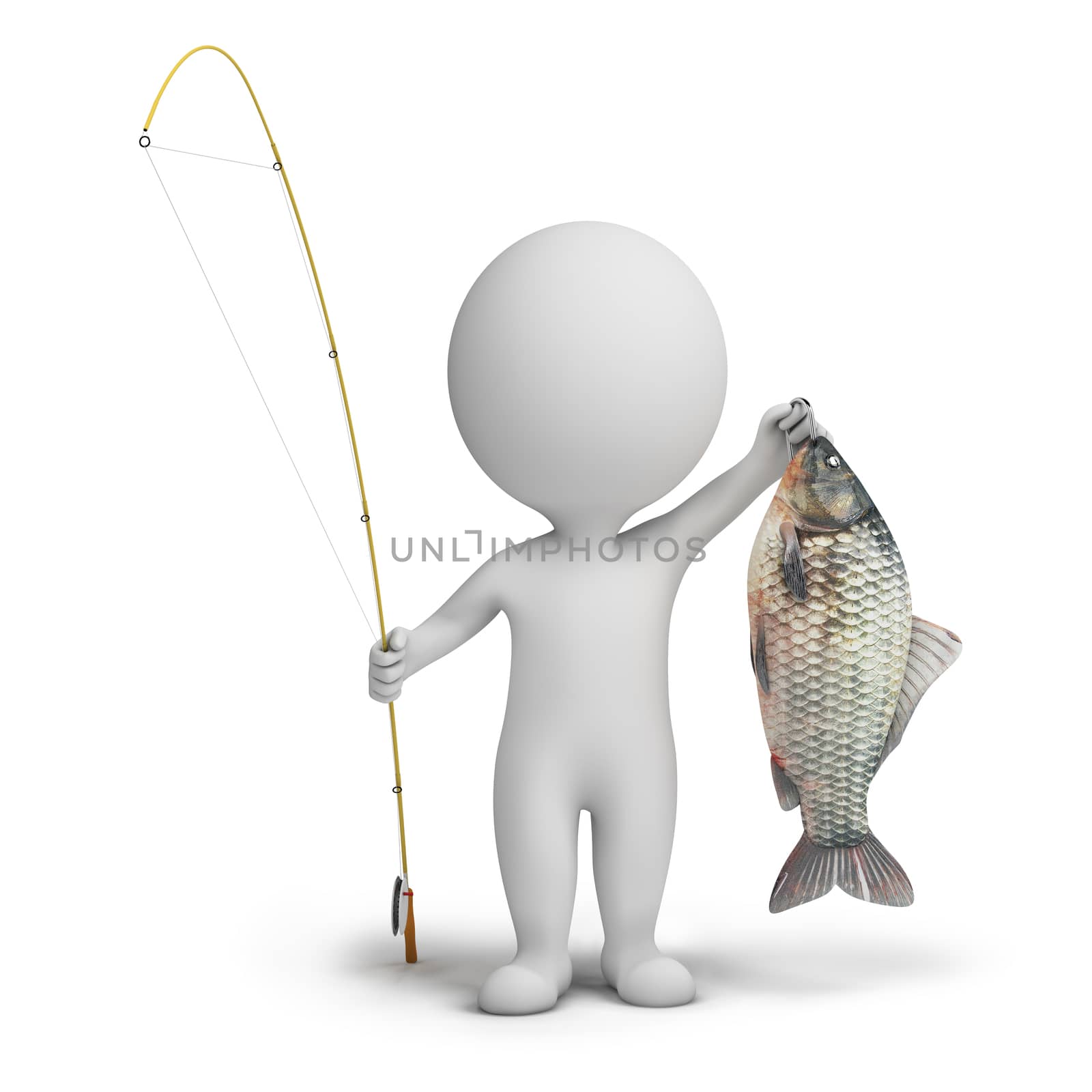 3d small people - fisherman with a fishing tackle and fish. 3d image. Isolated white background.
