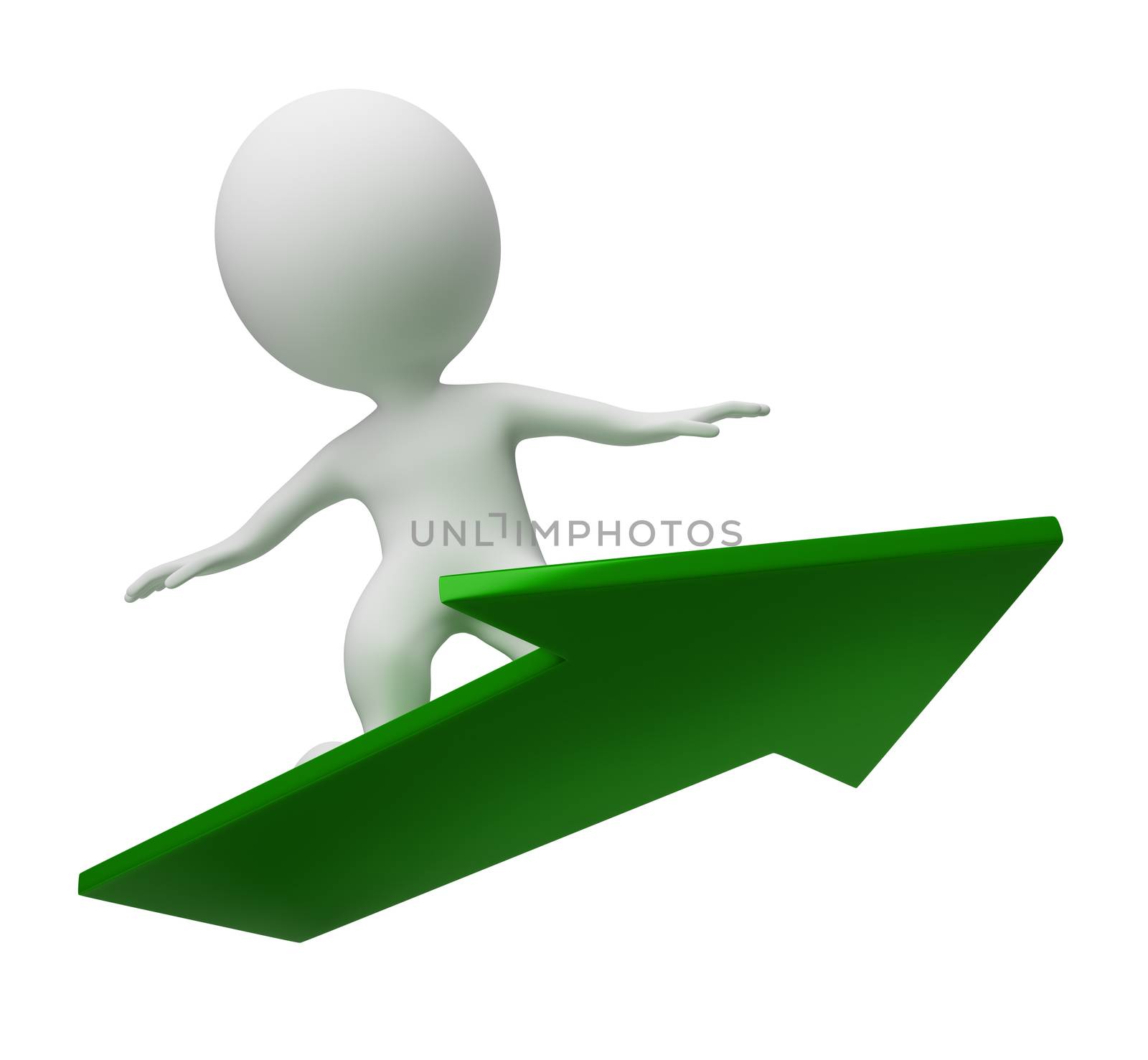 3d small people flying on a green arrow. 3d image. Isolated white background.