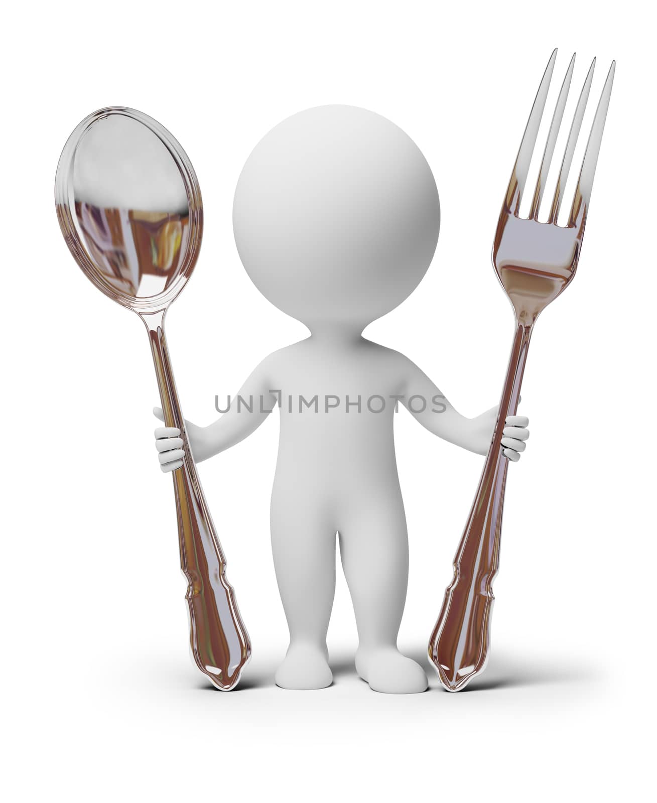 3d small people with a spoon and a fork. 3d image. Isolated white background.