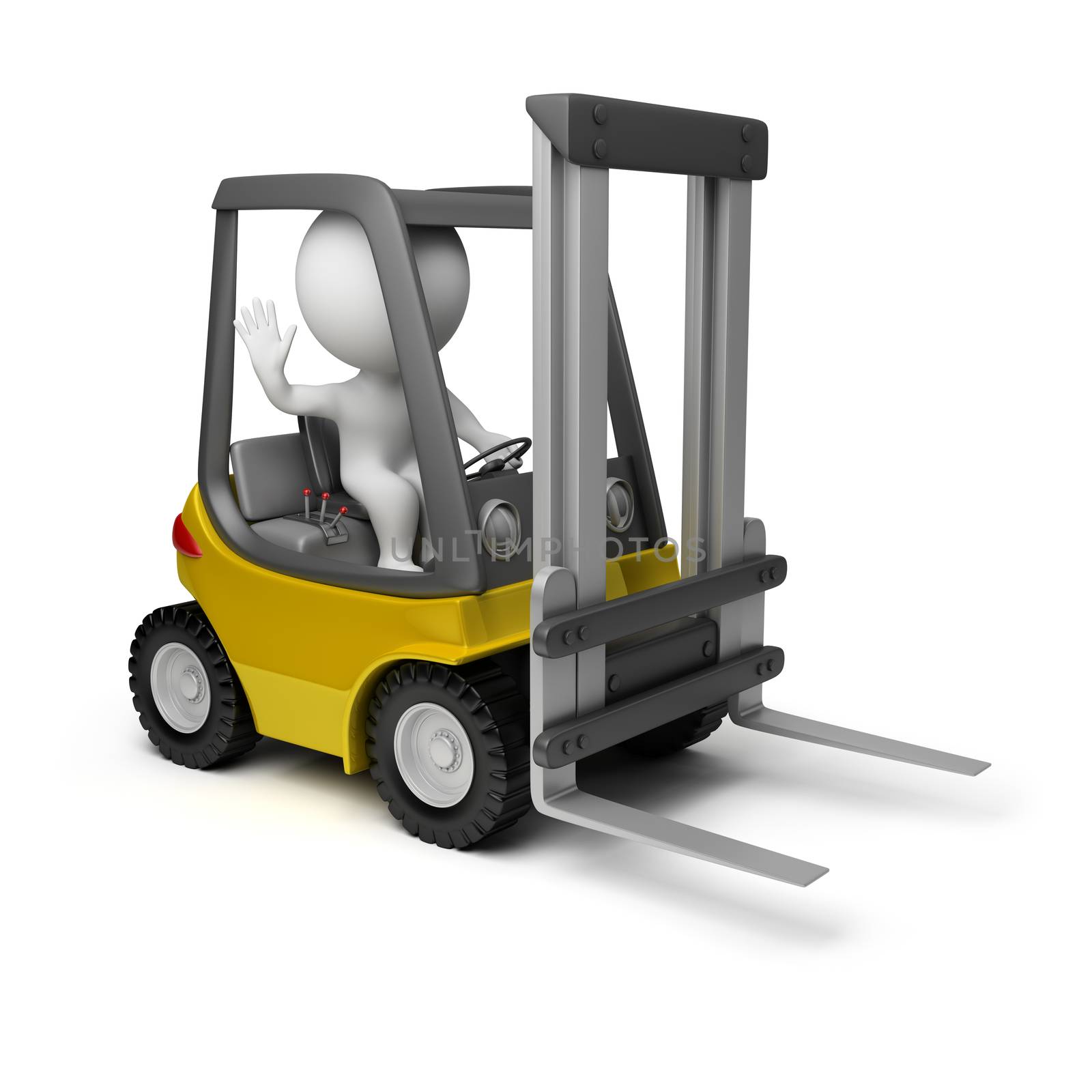 3d small person sitting in a forklift. 3d image. Isolated white background.