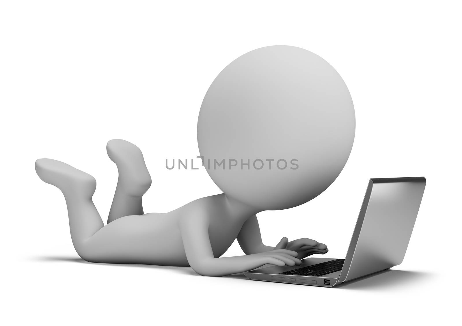 3d small person lies and playing on a laptop. 3d image. White background.