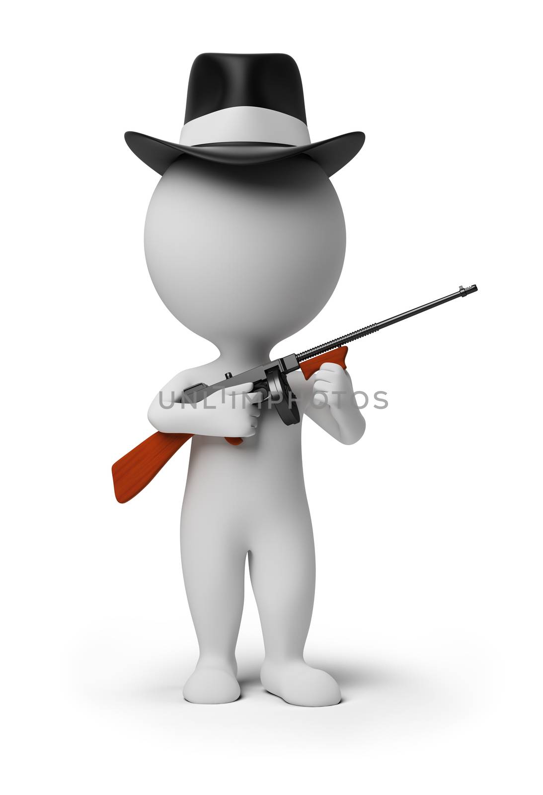 3d small person - gangster in a hat with tommy gun in hands. 3d image. Isolated white background.