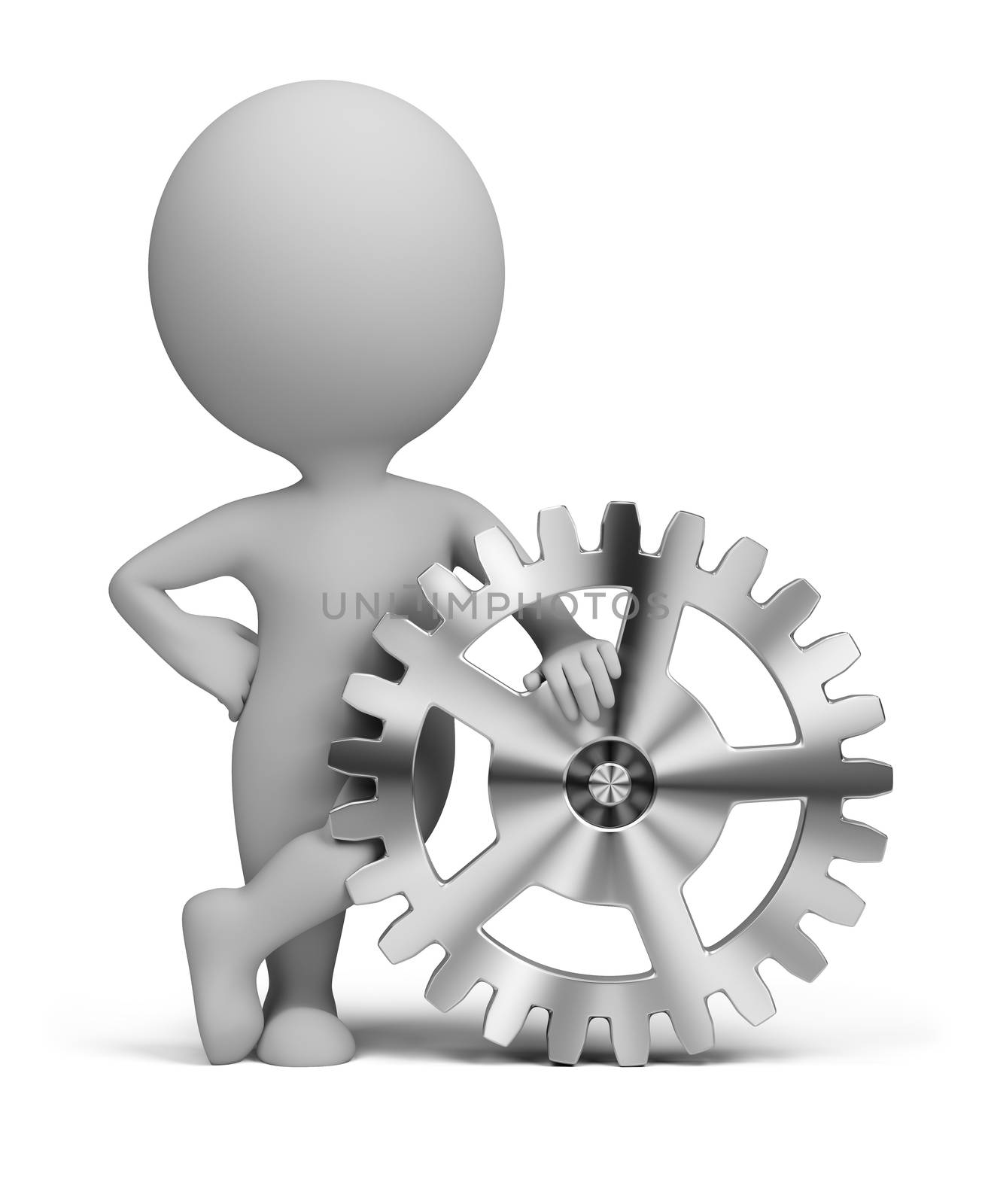 3d small person leaning on a gear. 3d image. Isolated white background.