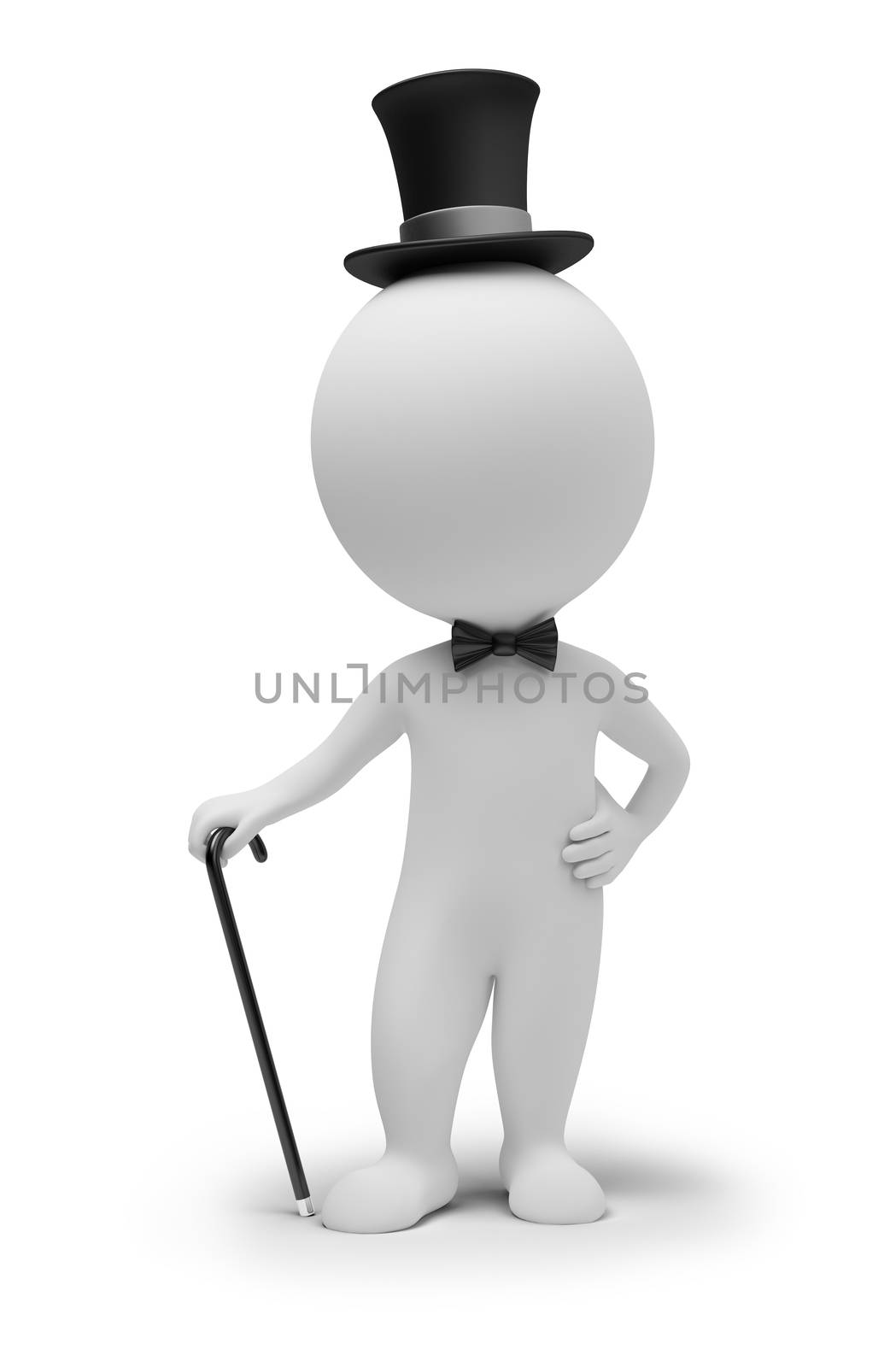 3d small people - gentleman in a hat and with a cane. 3d image. Isolated white background.