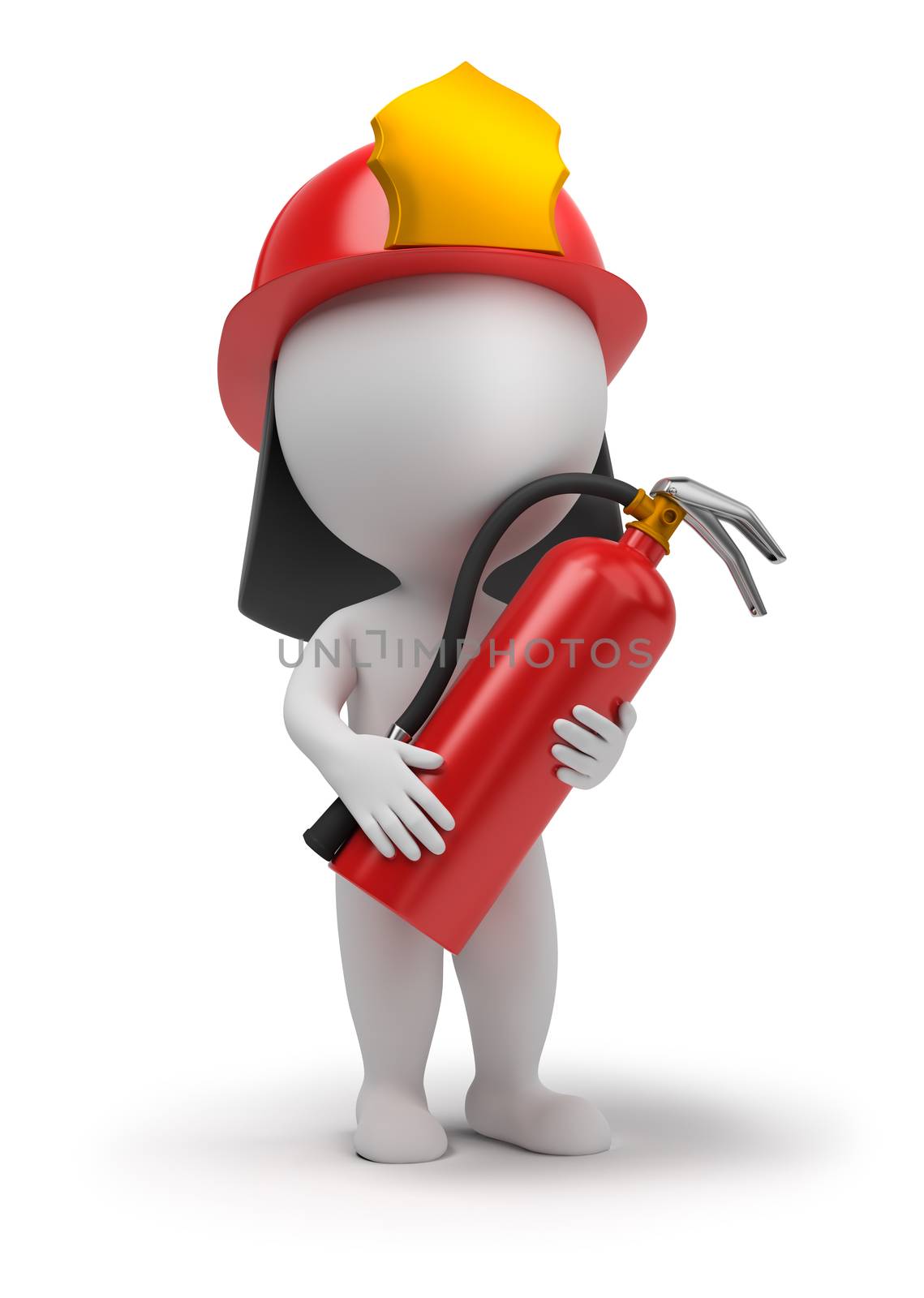 3d small people - fireman with the fire extinguisher and in a helmet. 3d image. Isolated white background.