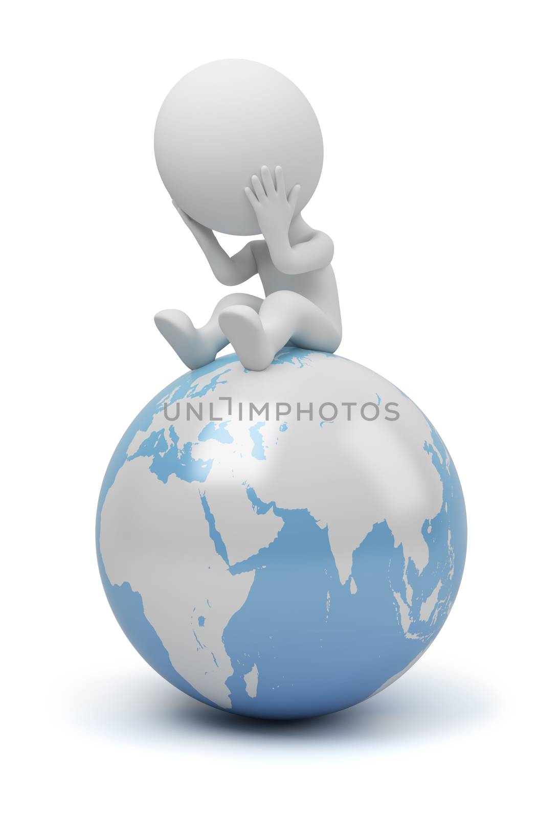 3d small people sitting on Earth in a thoughtful pose. 3d image. Isolated white background.