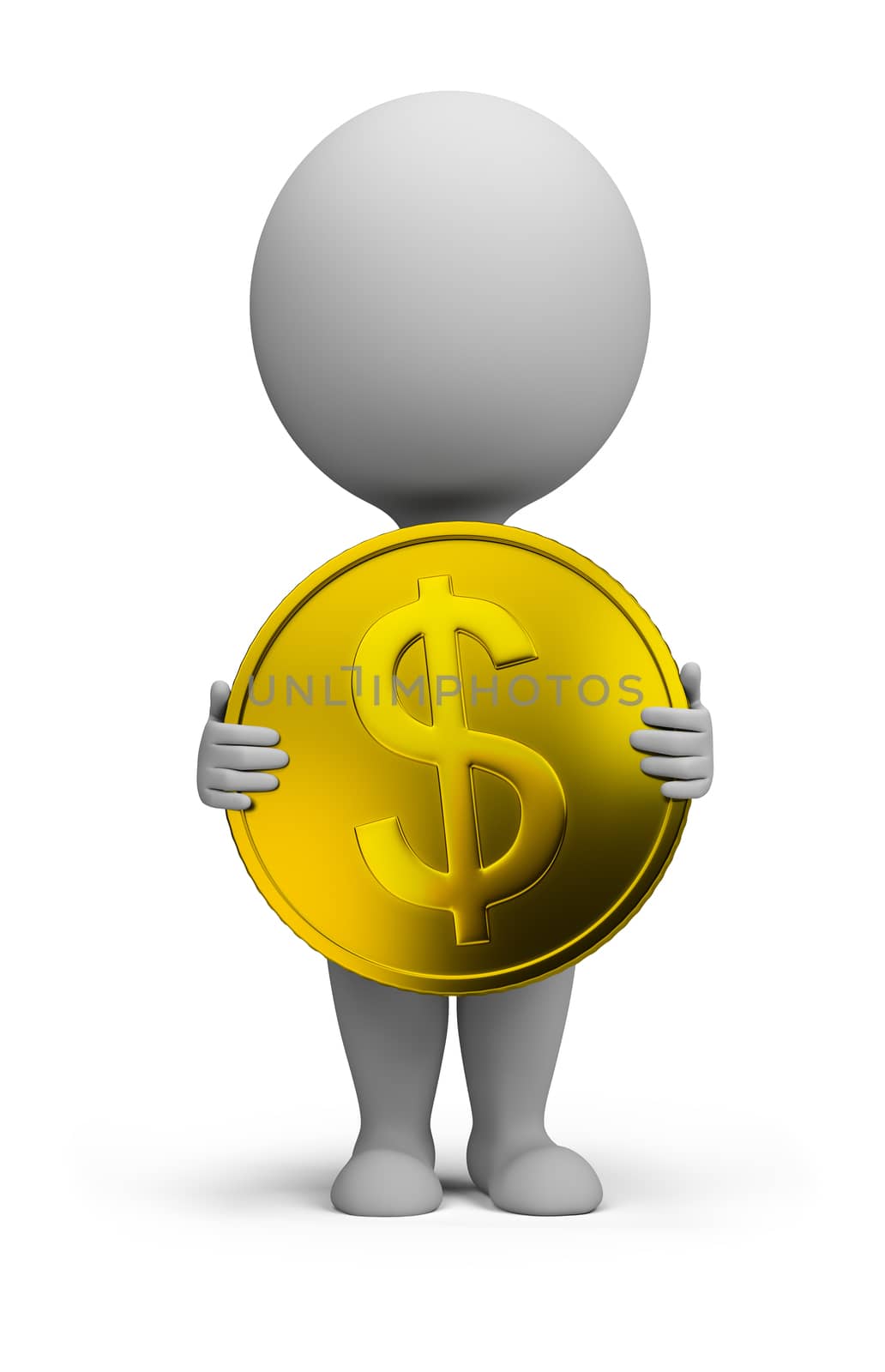 3d small person standing with a gold coin in the hands of. 3d image. Isolated white background.