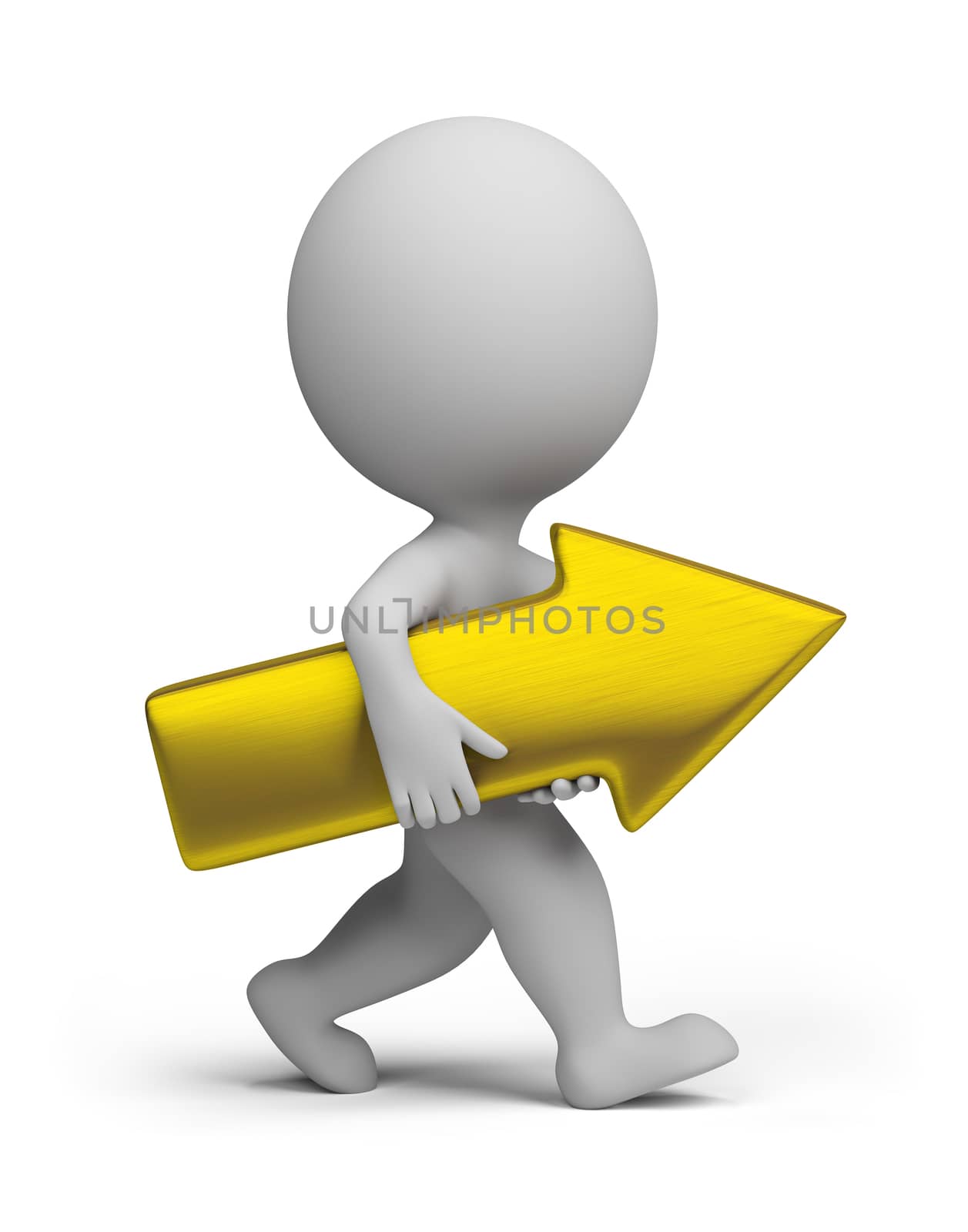 3d small person carrying a golden arrow. 3d image. Isolated white background.