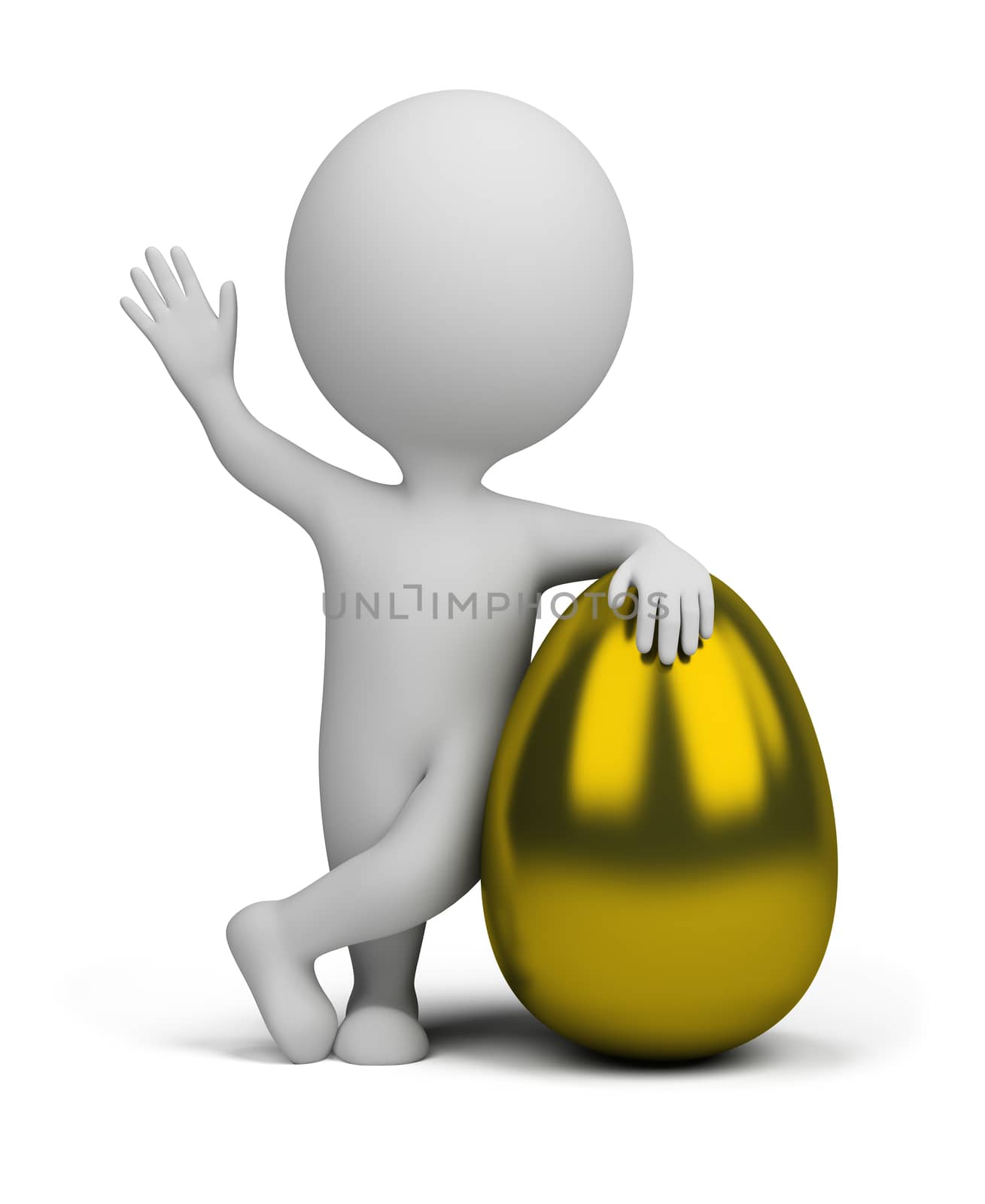 3d small person standing next to a golden egg. 3d image. Isolated white background.