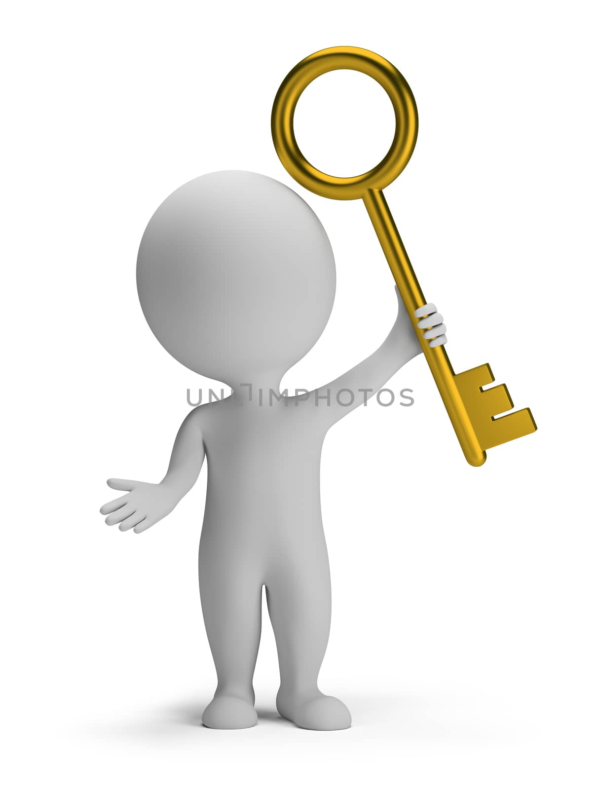 3d small man holding a golden key. 3d image. White background.