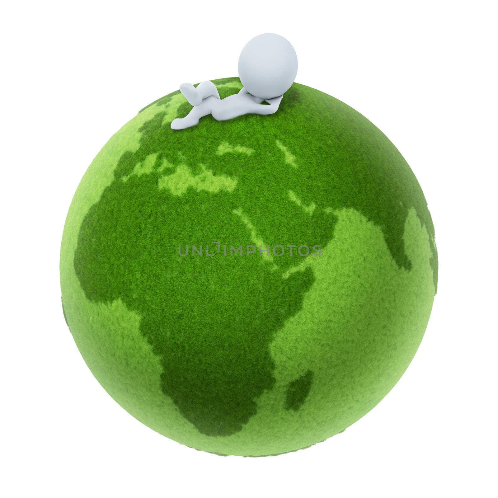 3d small people lying on a green planet. 3d image. Isolated white background.