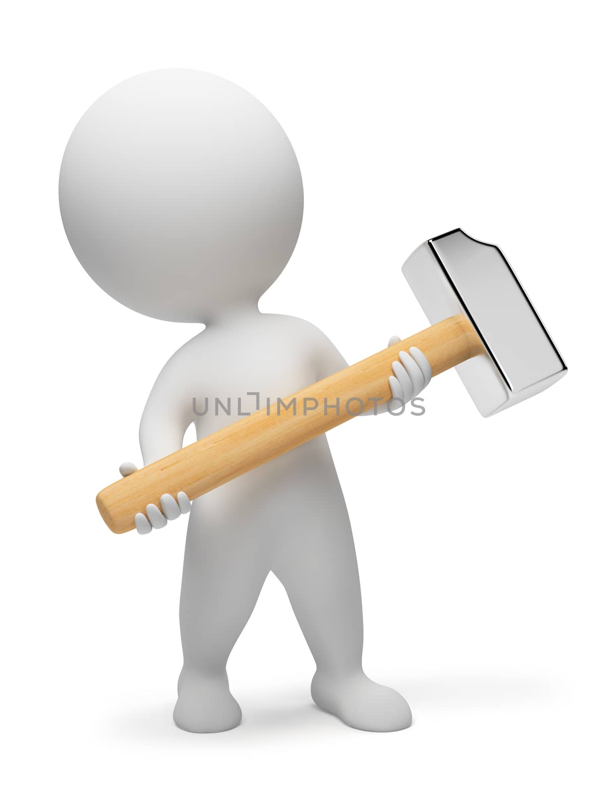 3d small people with a hammer in hands. 3d image. Isolated white background.