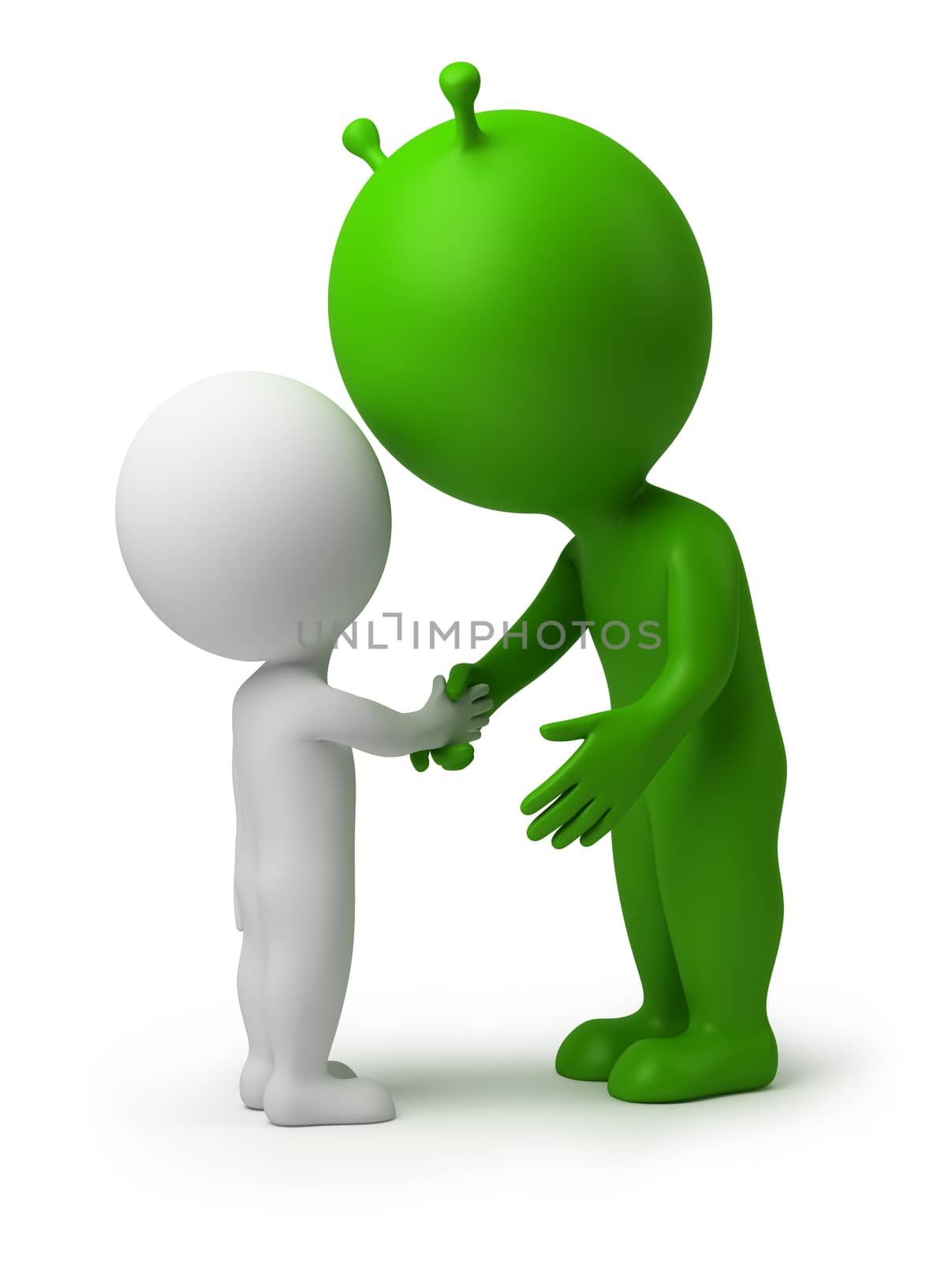 3d small person shaking hands the alien. 3d image. Isolated white background.