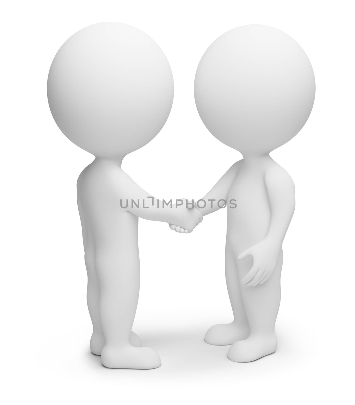 3d small people - friendly hand shake. 3d image. Isolated white background.