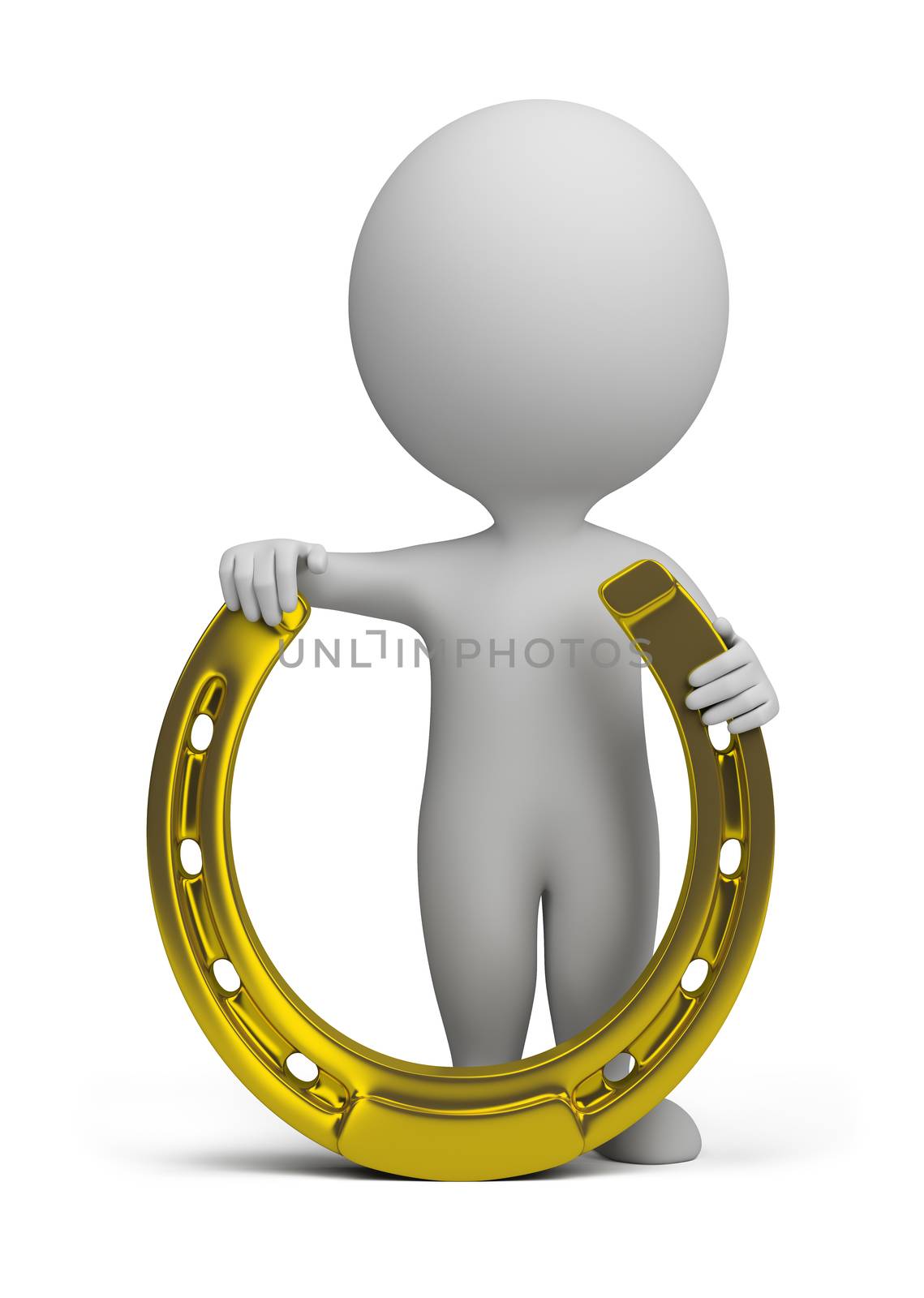 3d small person standing with a golden horseshoe. 3d image. Isolated white background.