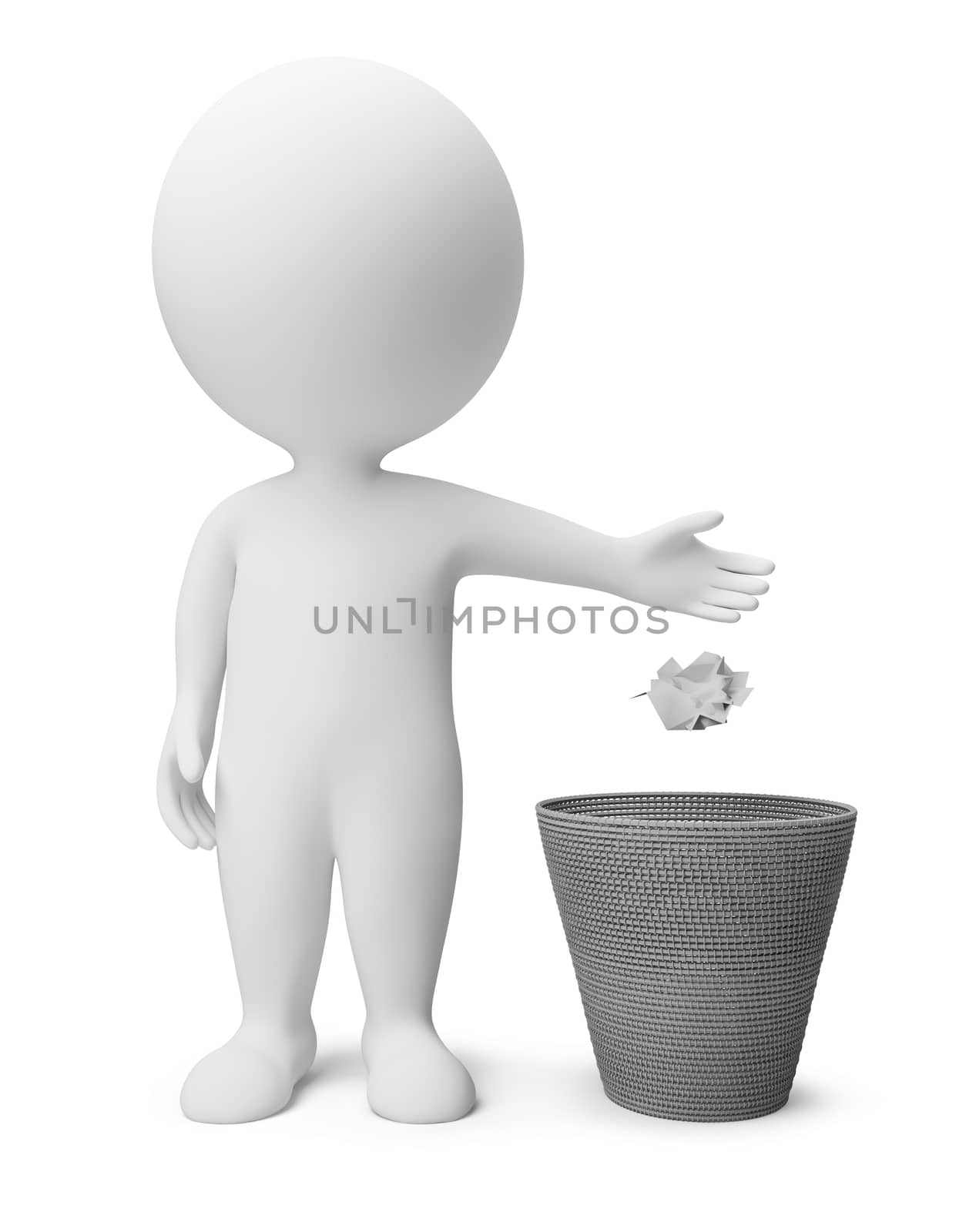 3d small people throwing dust in a garbage basket. 3d image. Isolated white background.