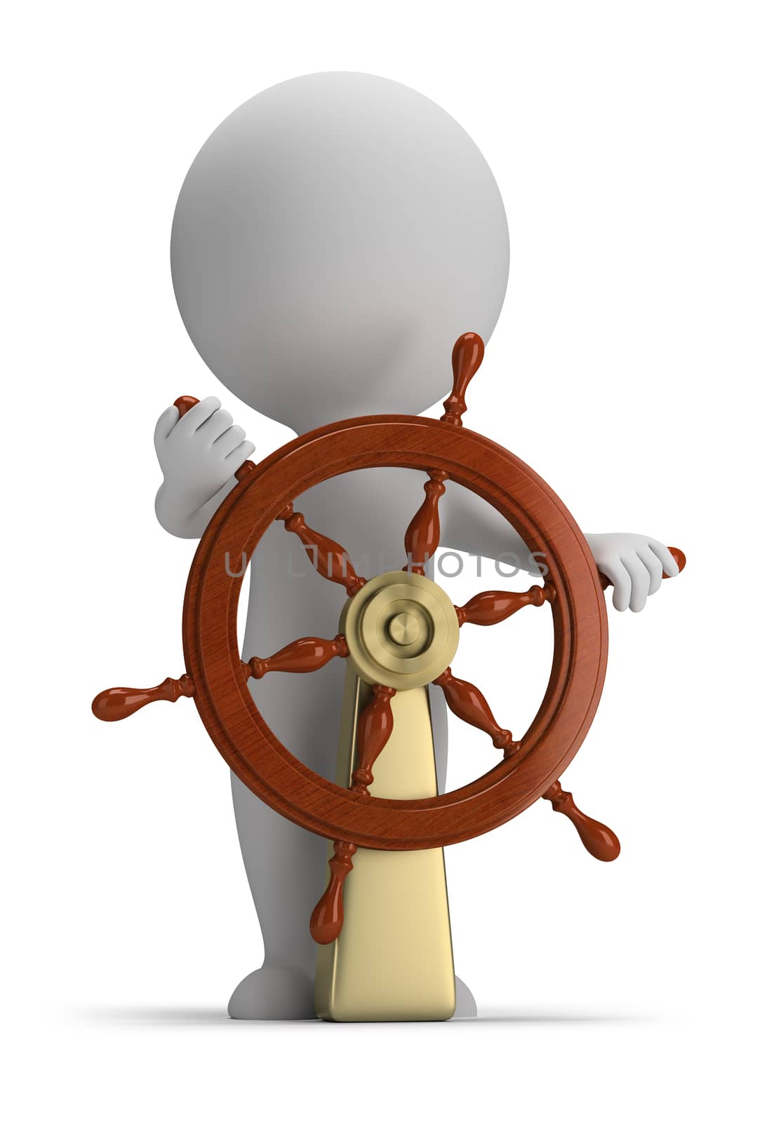 3d small person at the helm. 3d image. White background.