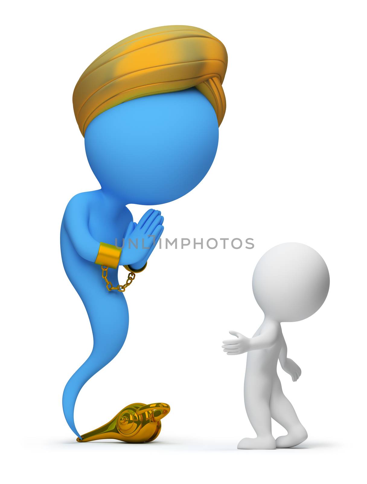 3d small people and the jinn appeared from a magic lamp. 3d image. Isolated white background.
