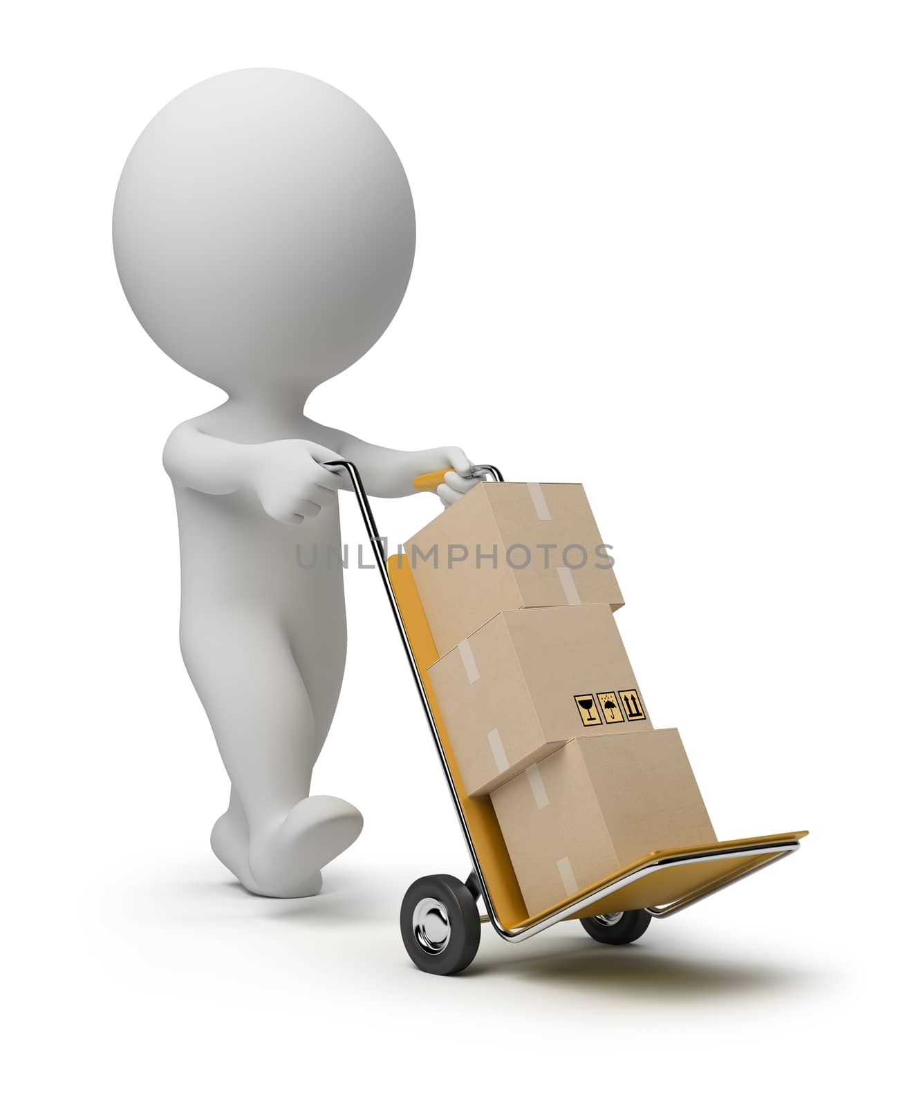 3d small person carrying the hand truck with boxes. 3d image. Isolated white background.