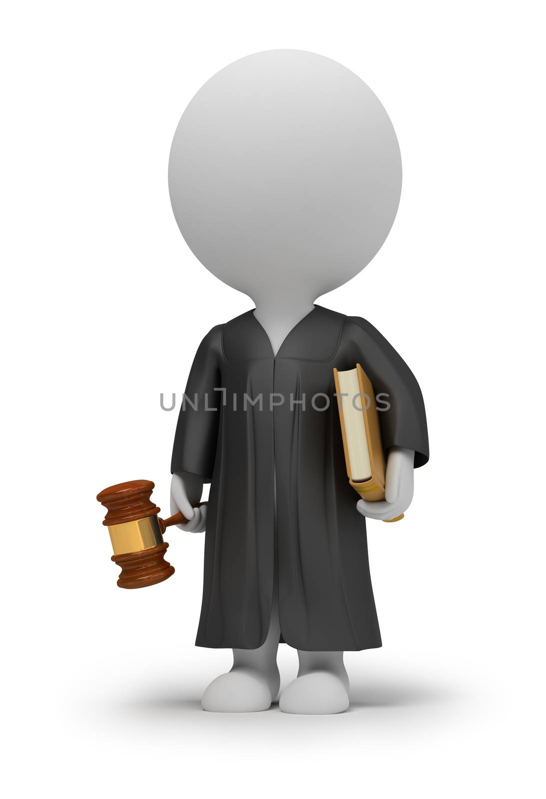 3d small people - judge in a cloak with a hammer and the book. 3d image. Isolated white background.
