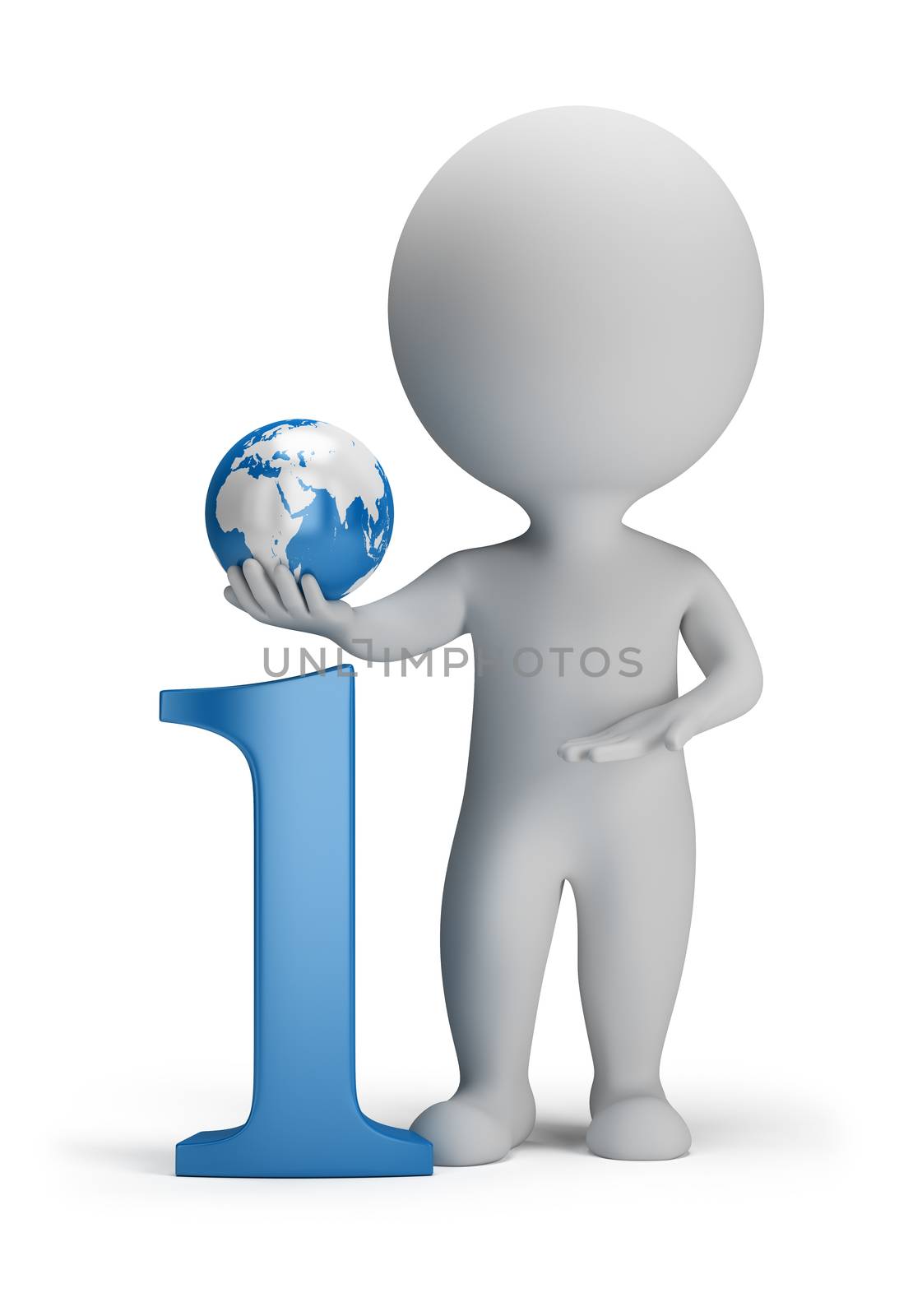 3d small person next to the icon information in his hand globe. 3d image. Isolated white background.