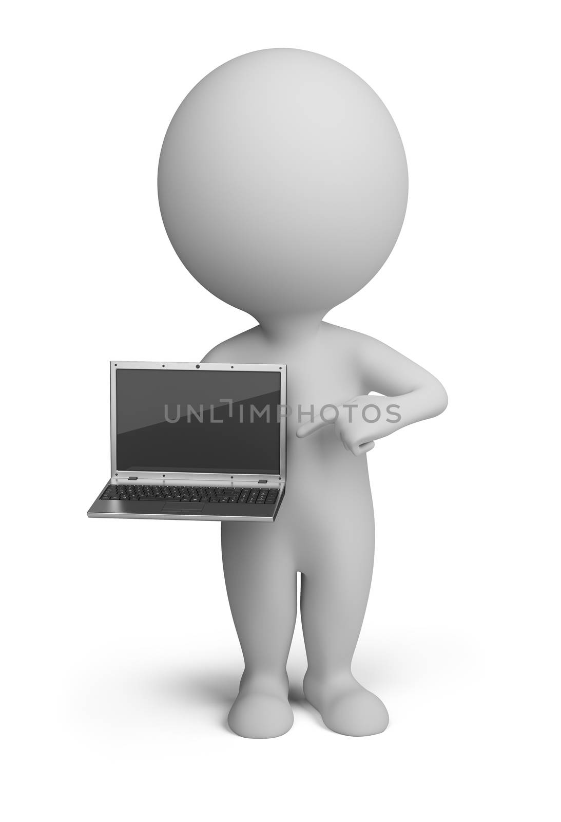 3d small person standing with a laptop in the hands of. 3d image. Isolated white background.